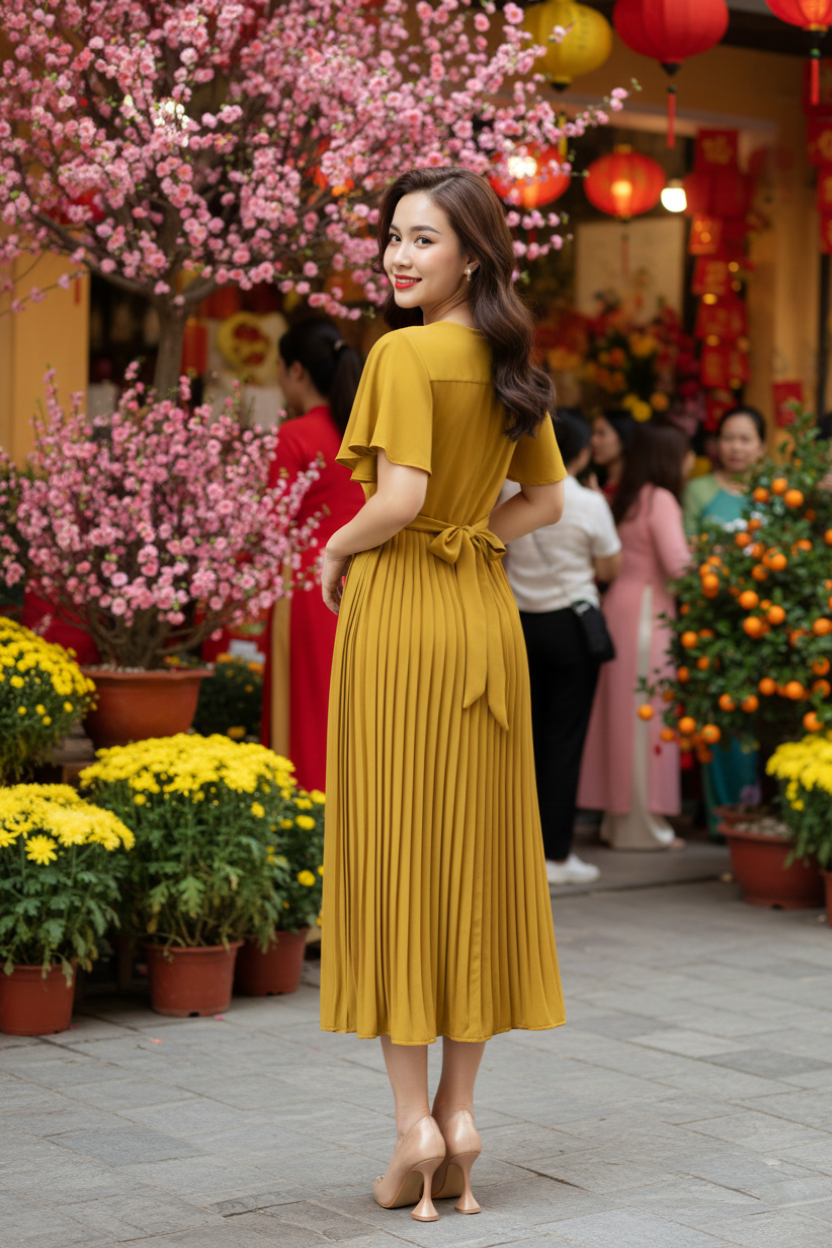 Váy xòe xếp ly cổ V tay cánh tiên_thumbnail_12