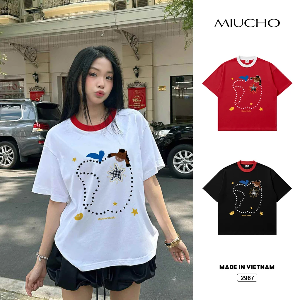 Áo thun boxy phối cổ mix màu đáng yêu Miucho thoáng mát dày dặn đứng form 2967