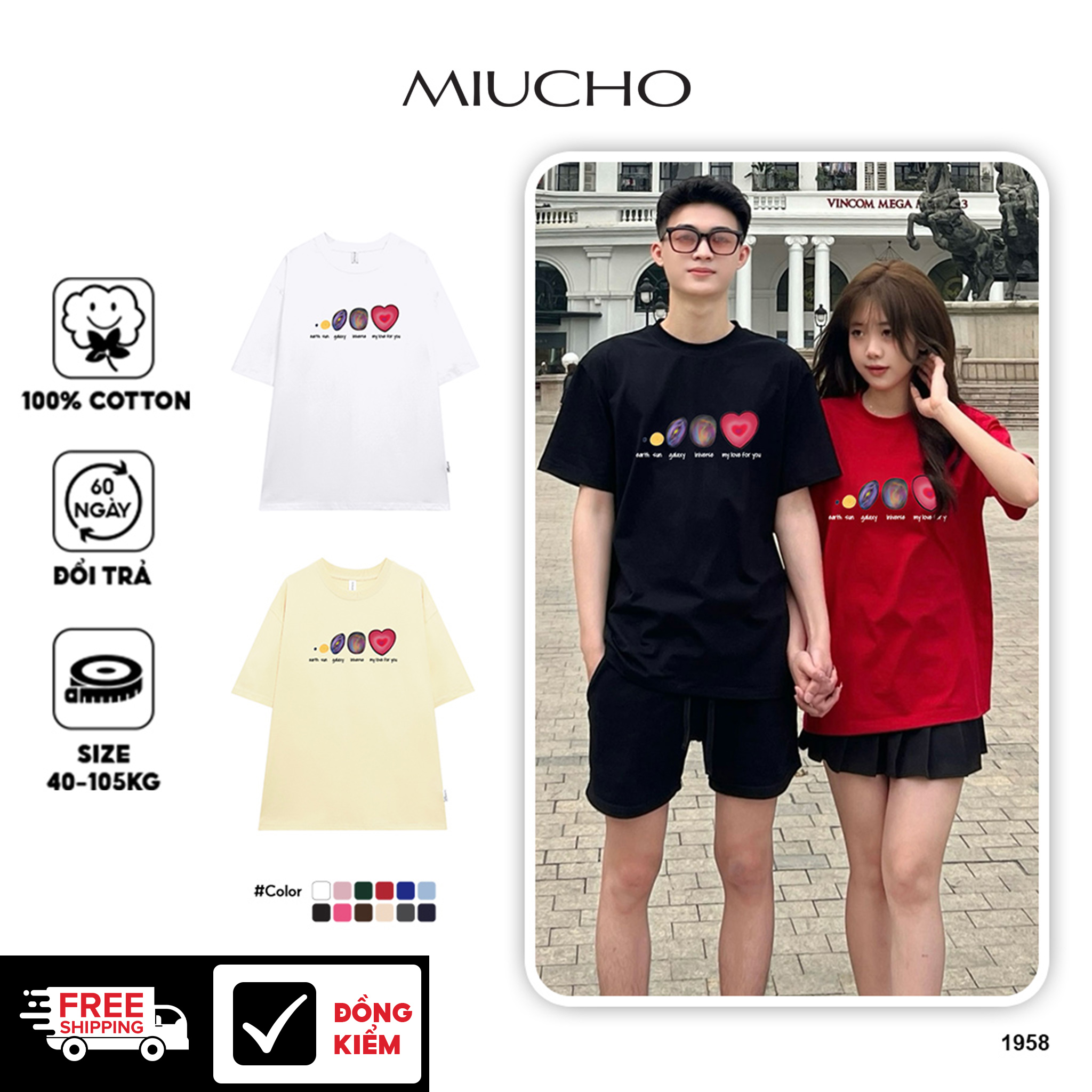 Áo thun cặp nam nữ form rộng 1958 Miucho vải 4c cotton 220gsm thoáng mát cổ tròn in mix