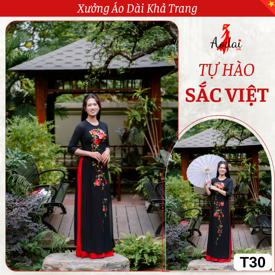 T30 Áo Dài Thêu Hoa đỏ Cánh Tròn thiết kế cổ Tròn Tay Lỡ_thumbnail_4
