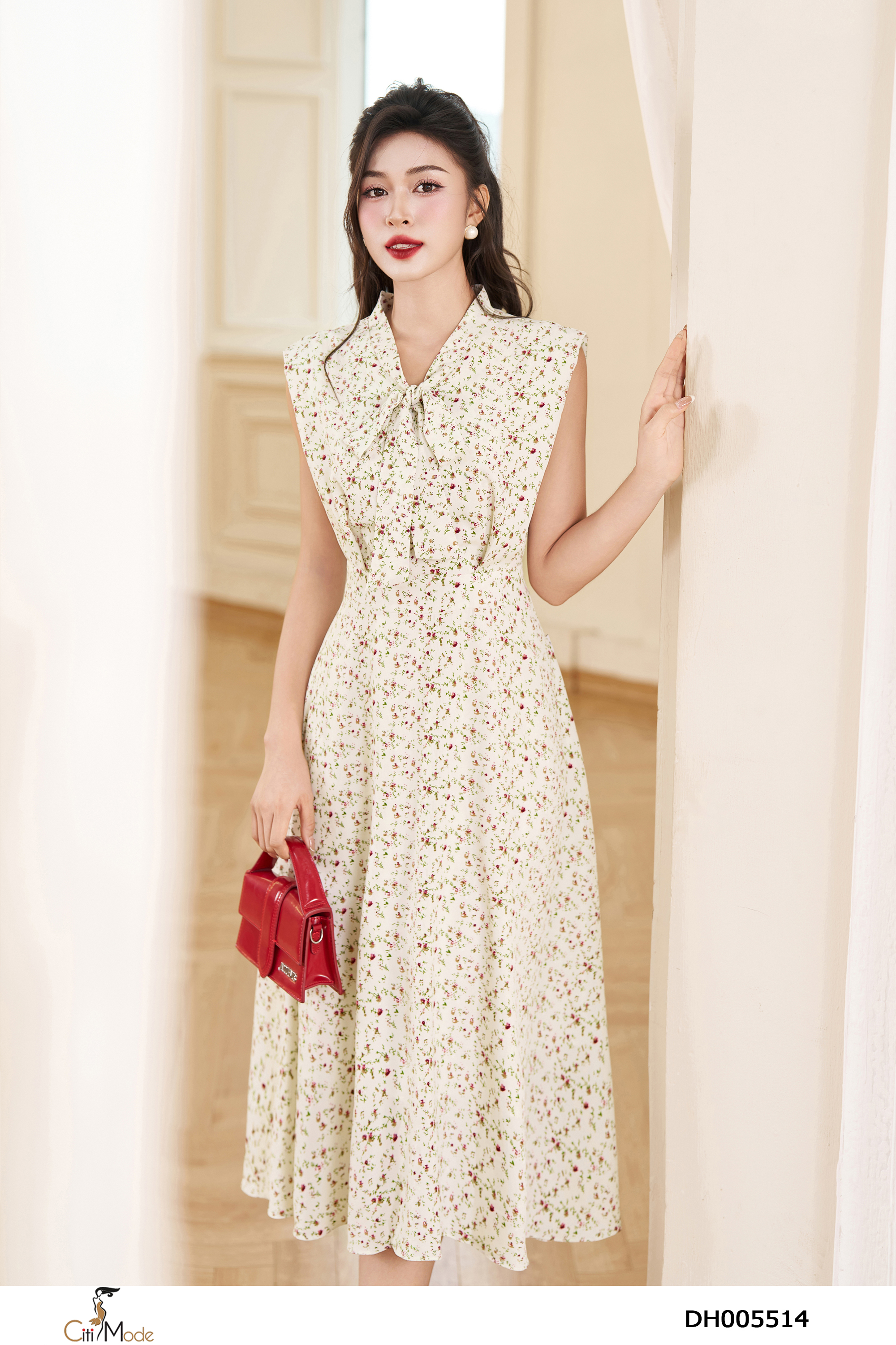 Đầm hoa nhí trắng nâu tay chờm cổ thắt nơ_thumbnail_1