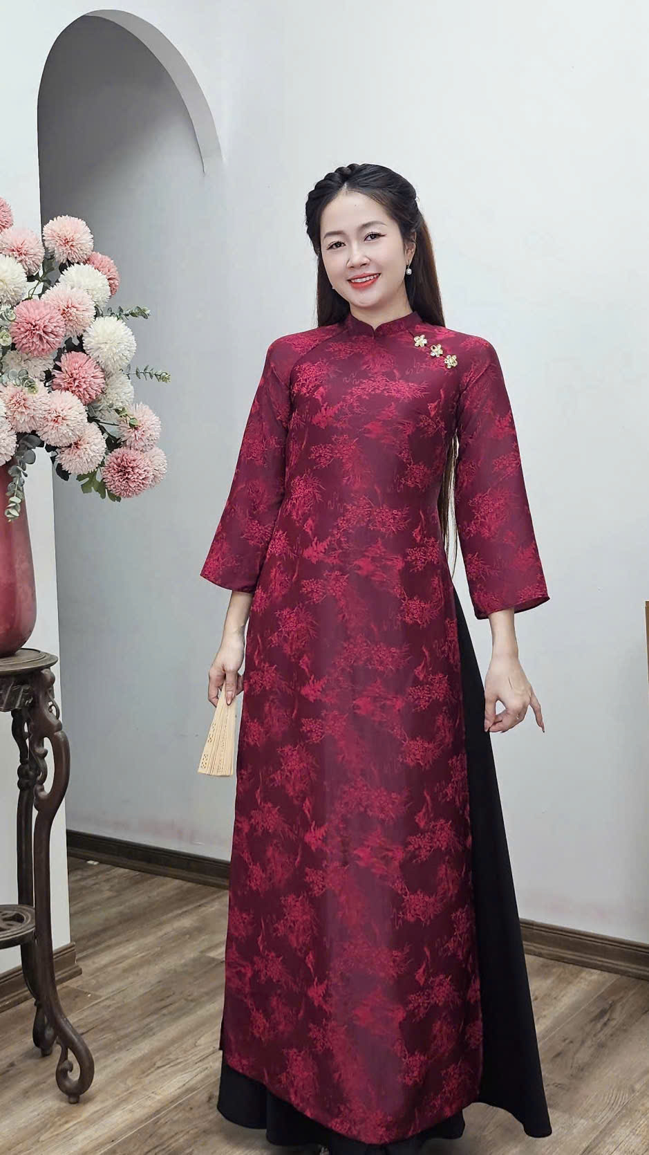 CT331 áo dài cách Tân cổ 2p tay loe dài tơ tằm tím hồng