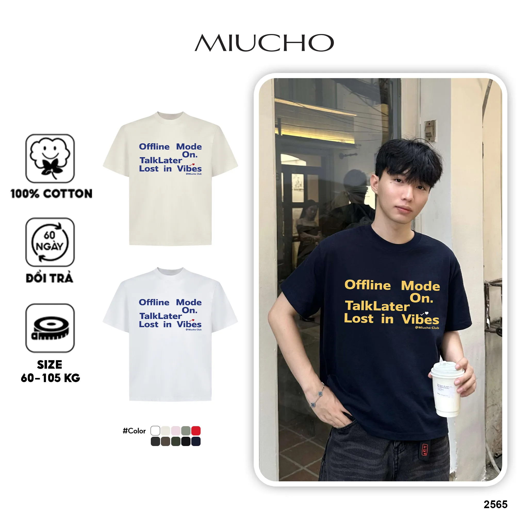 Áo thun nam form boxy in chữ 2565 Miucho vải cotton 2c thoáng mát phong cách basic dễ phối