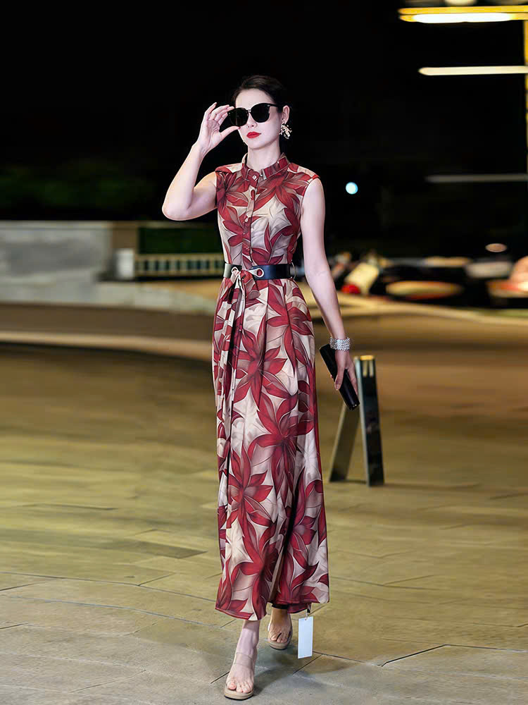 17099-Đầm maxi cổ trụ họa tiết hoa đỏ (kèm đai, voan có lót) 17099_thumbnail_3