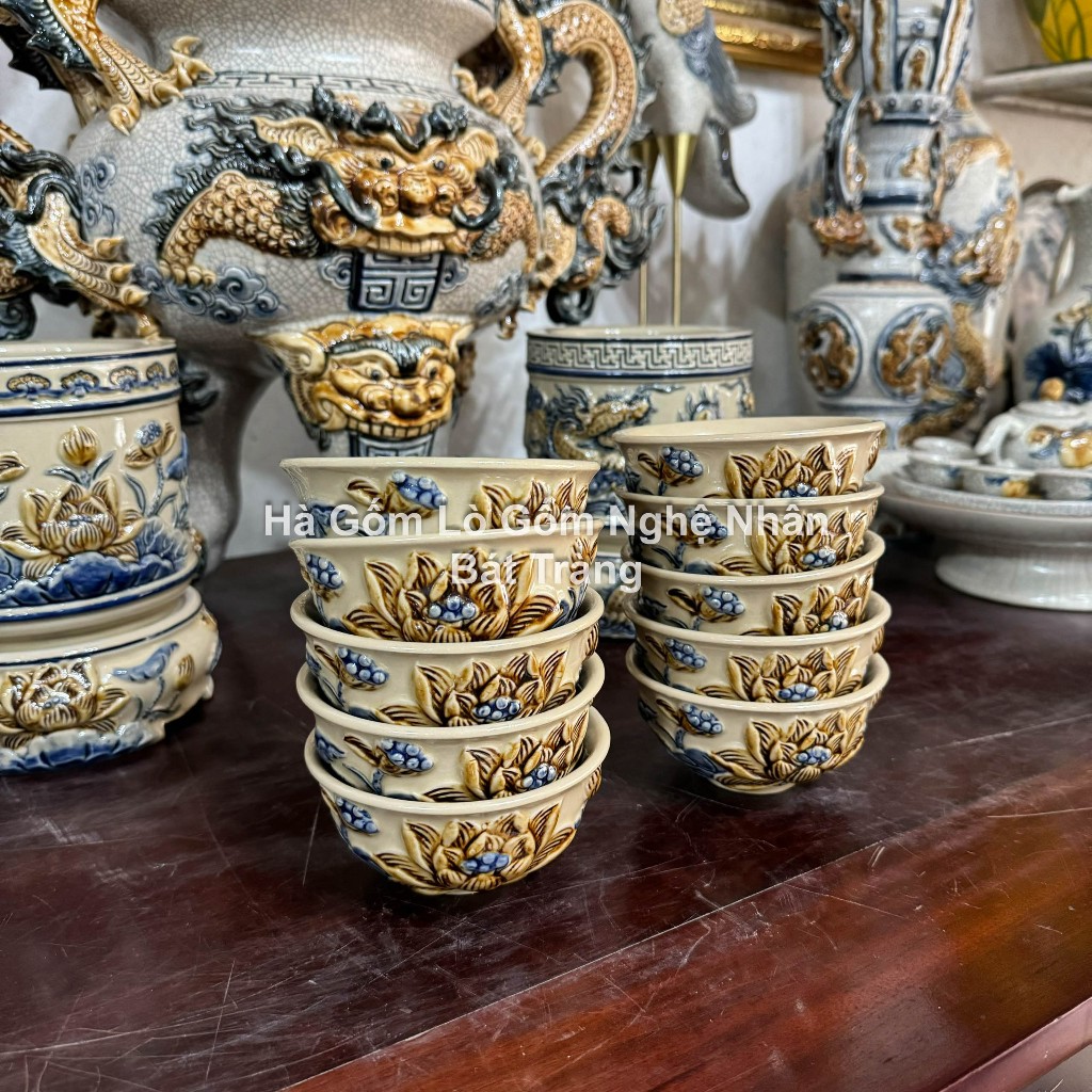 Đồ Thờ Cúng Bát Cúng, Bát Cơm Men Hoàng Thổ -  Bộ Đắp Nổi Đồ Thờ Bát Tràng Nghệ Nhân Chế Tác_thumbnail_1