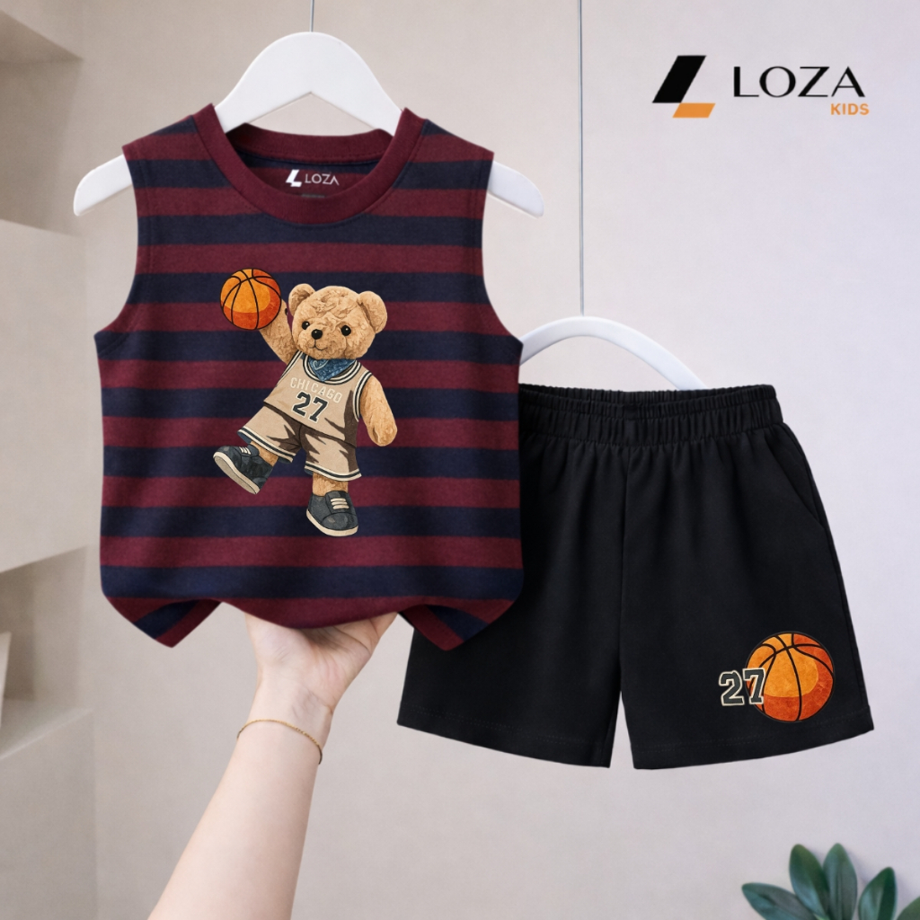 Bộ ba lỗ kẻ bé trai hình Gấu số 27, chất liệu cotton giấy - Loza Kids BK001_thumbnail_1