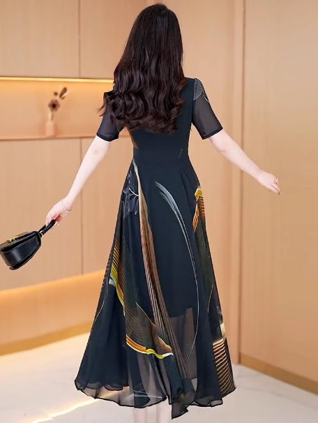 14201-Đầm voan cổ V tay ngắn in họa tiết lập thể ( voan, lót thun)_thumbnail_2