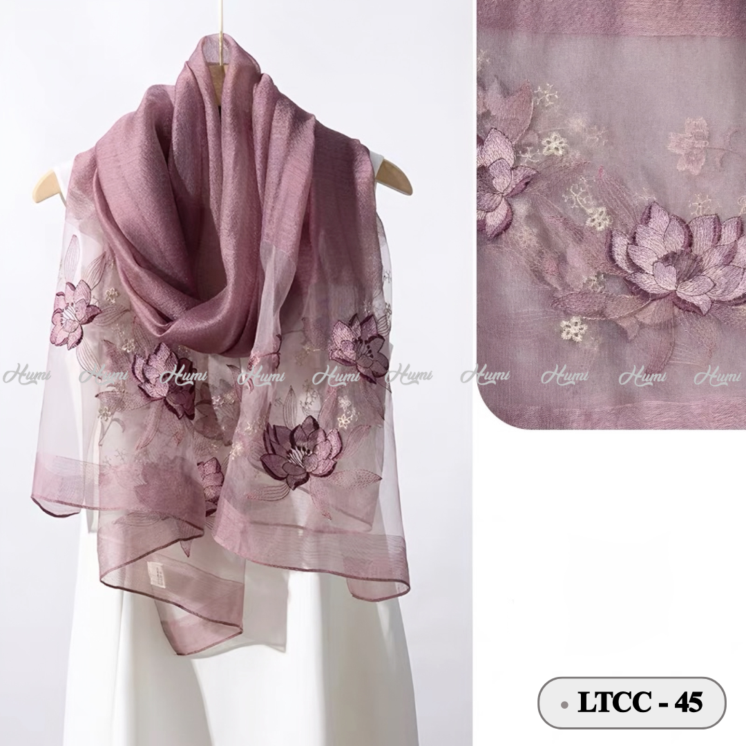 KHĂN TƠ THÊU HOA SEN  (LTCC-45 Tím)