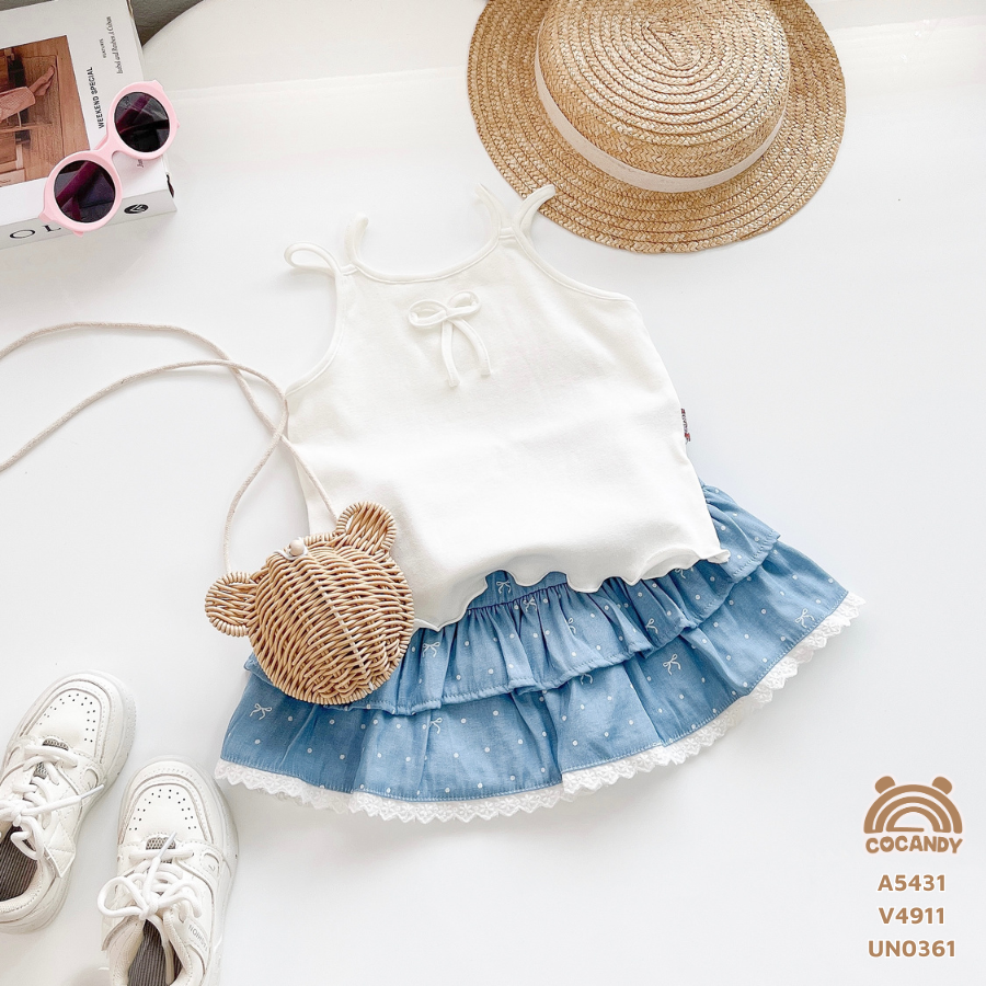 Chân váy cộc denim XANH NHẠT họa tiết chấm bi nơ