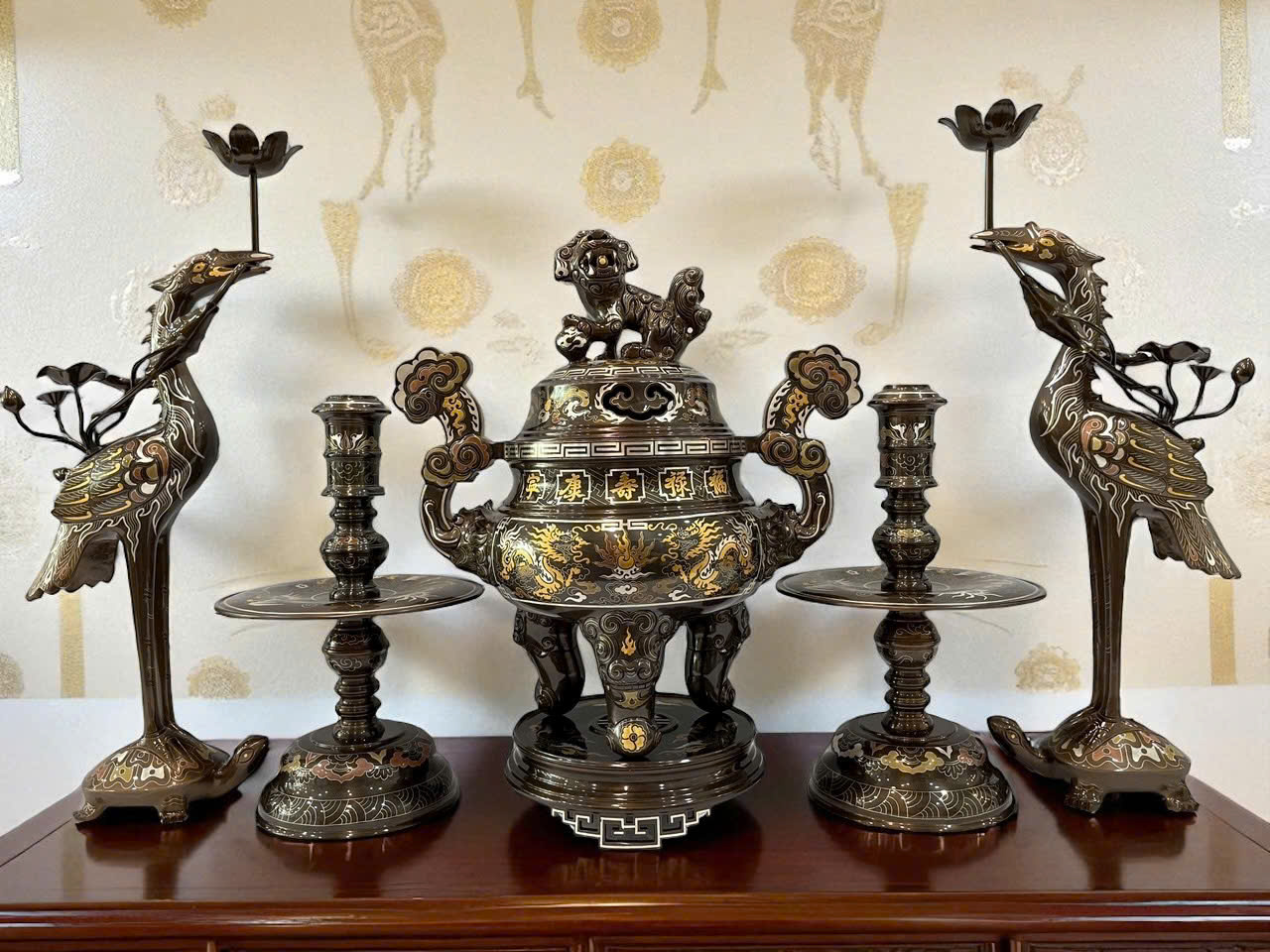 Bộ ngũ sự cao 45cm khảm ngũ sắc khảm kỹ sắc nét 