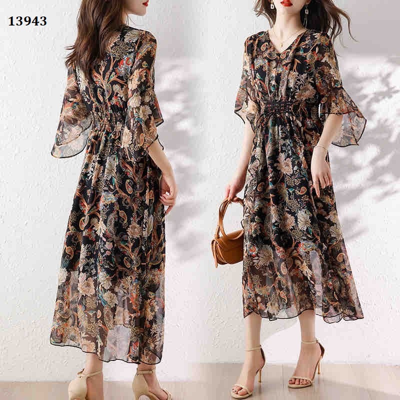 13943-Đầm voan xòe  tay lở  thắt nơ chéo in hoa (  voan , lót)FREESHIP_thumbnail_3
