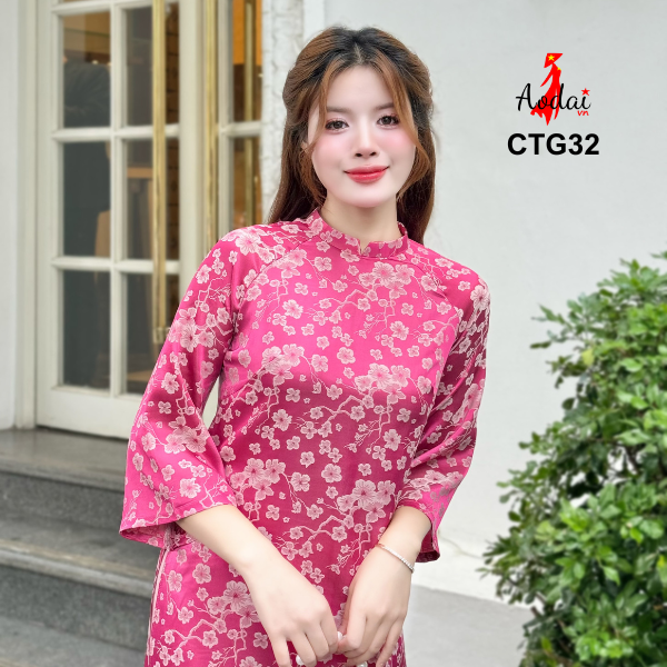 CT32 Áo Dài Cách Tân Gấm Dáng Suông Hoa Anh Đào Màu Hồng Sen Cổ Cao 2cm Tay Lỡ_thumbnail_3