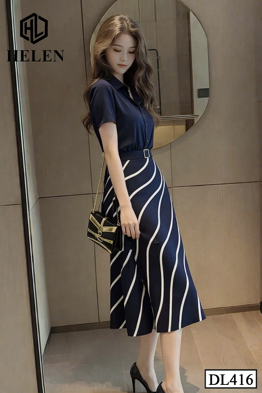 Đầm liền thân xòe xanh cổ đức phối chân họa tiết DL416