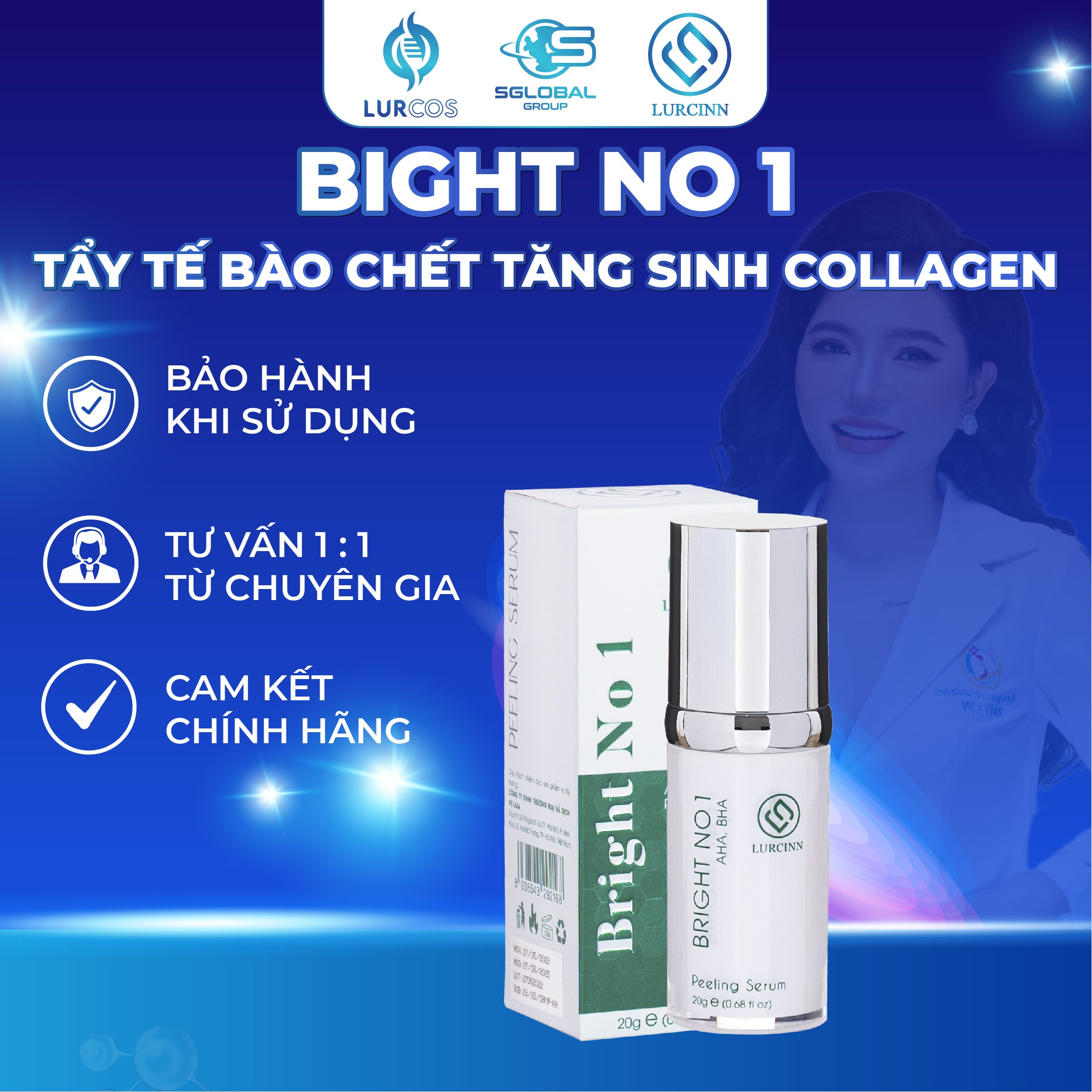 Tẩy Tế Bào Chết Lurcinn Bright No 1 Peeling Serum AHA, BHA Tăng Sinh Collagen Dưỡng Trắng Sáng Da 20ml