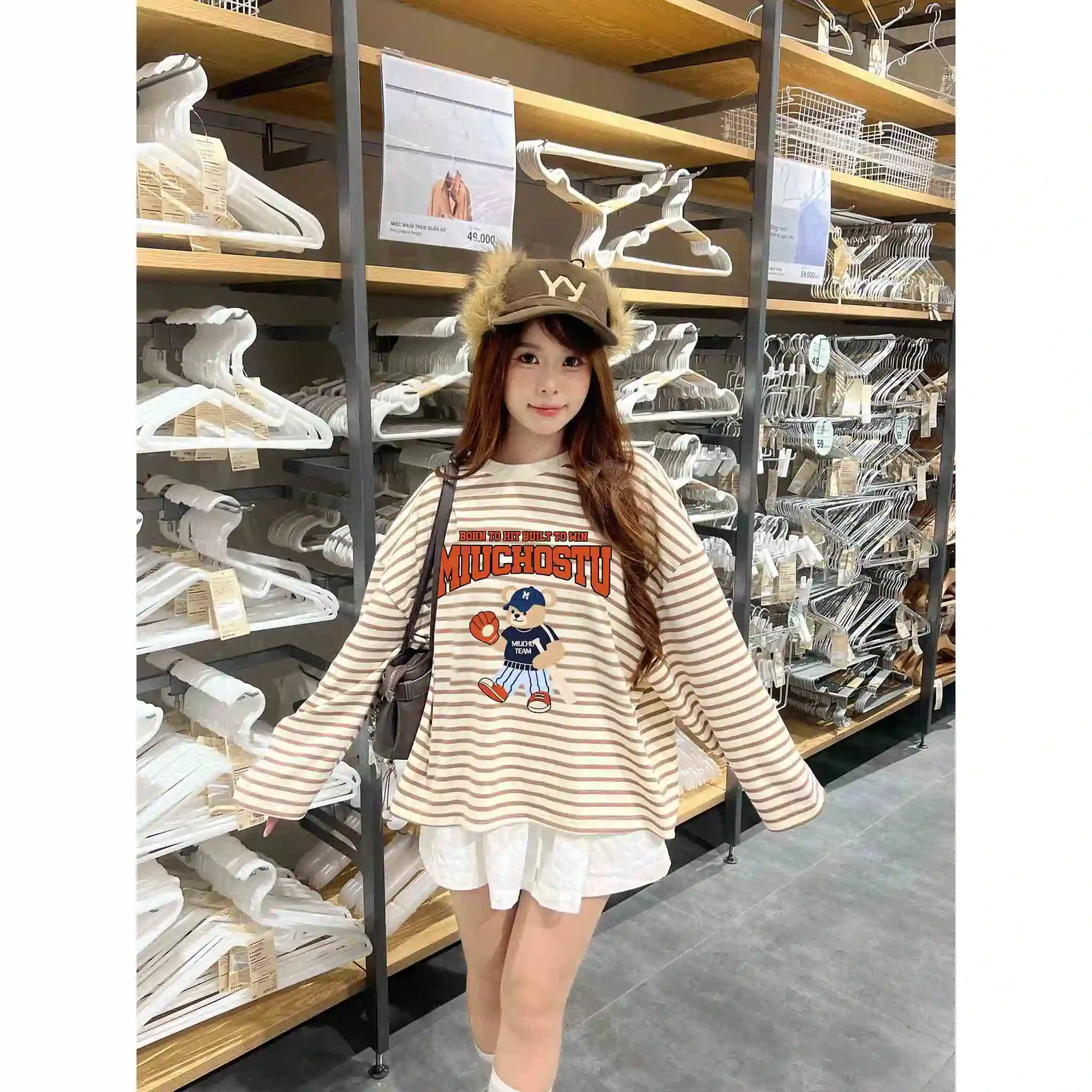 Áo thun boxy tay dài Miucho vải borip mềm mại thoáng mát hình gấu bóng chày in mix 2848_thumbnail_4