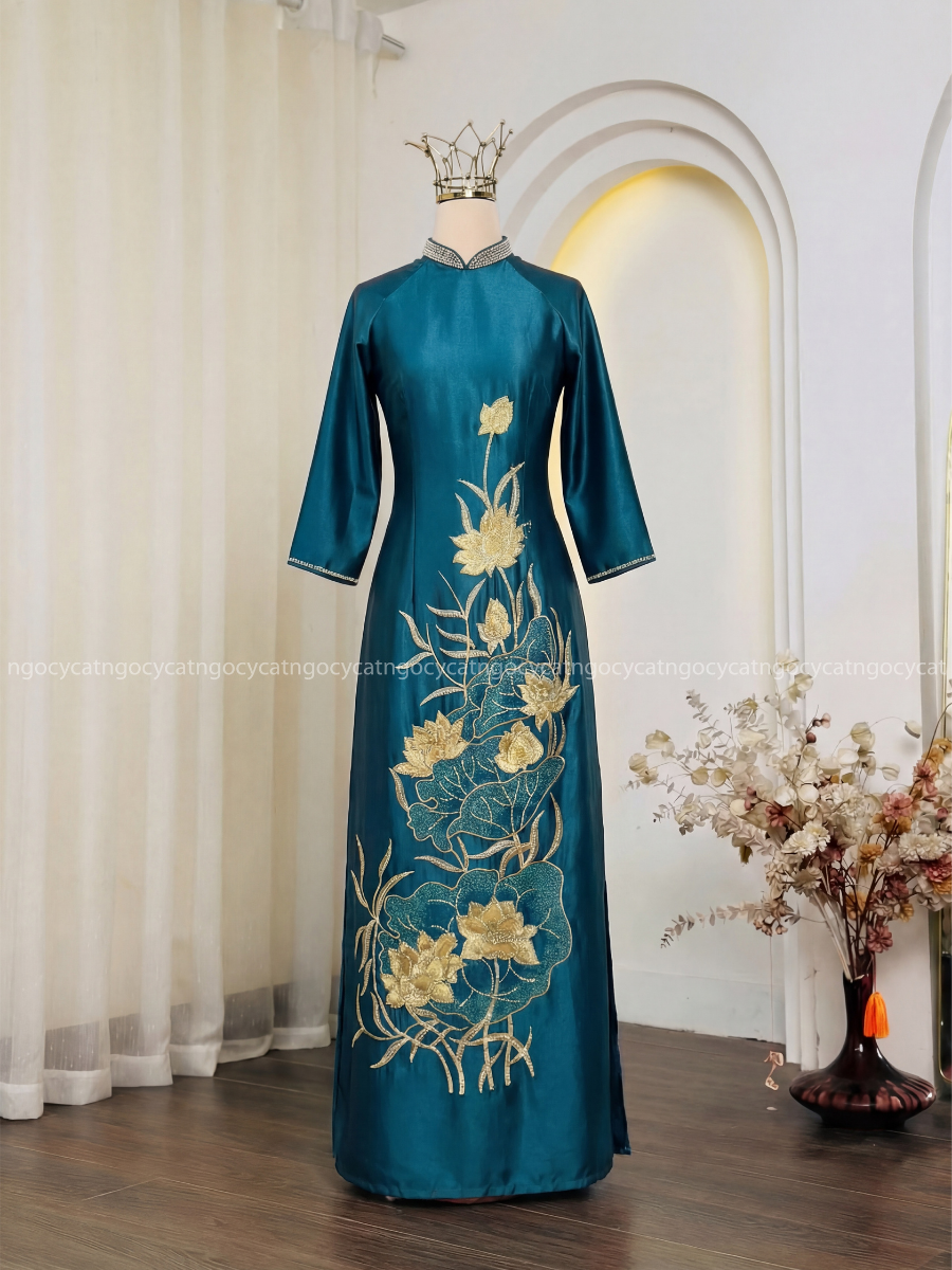 Áo Dài Bà Sui Màu Xanh Cổ Vịt Đậm Thêu Hoa Sen