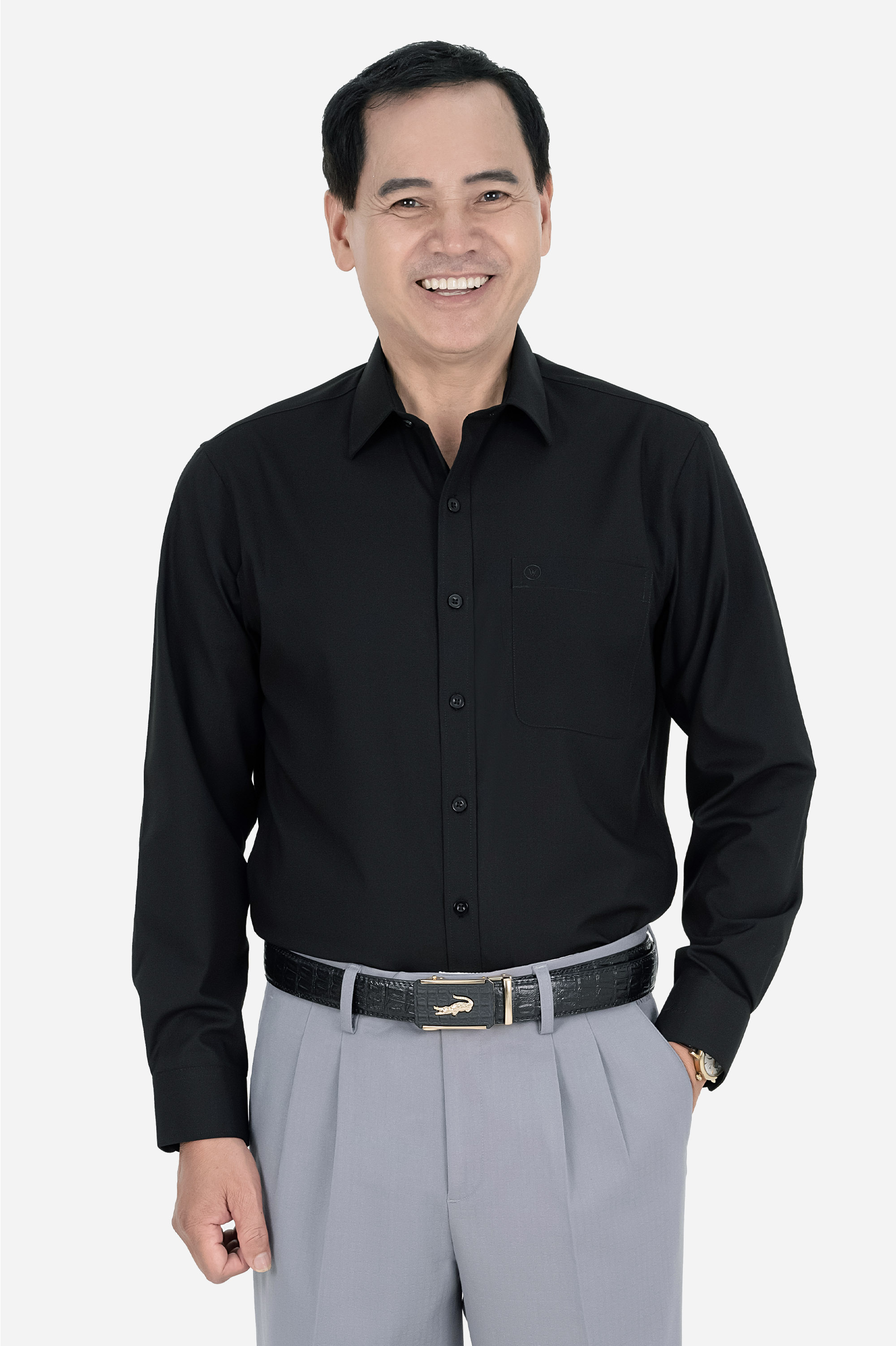 Áo Sơ Mi Trơn Dài Tay Nam Trung Niên ANCHI Chất Liệu Sợi Gỗ Thoáng Mát Màu Đen_thumbnail_0