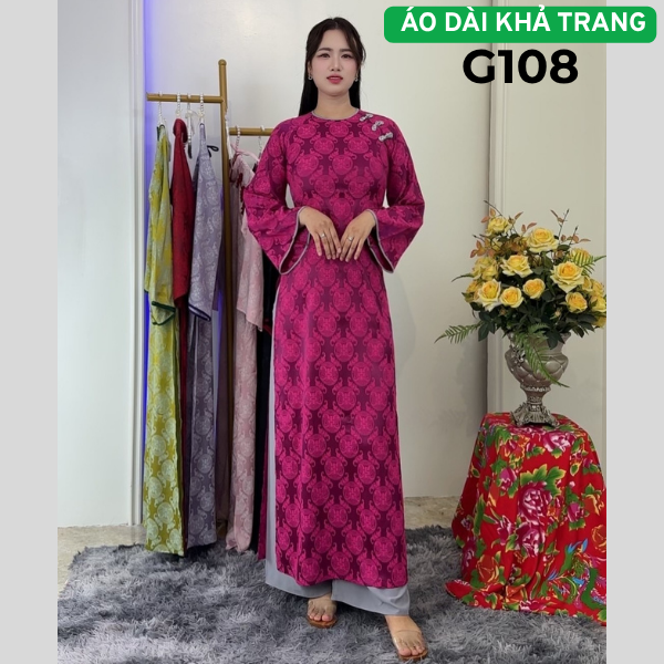G108 Áo dài Gấm Dáng Suông màu Cẩm Cổ Tròn Tay Loe