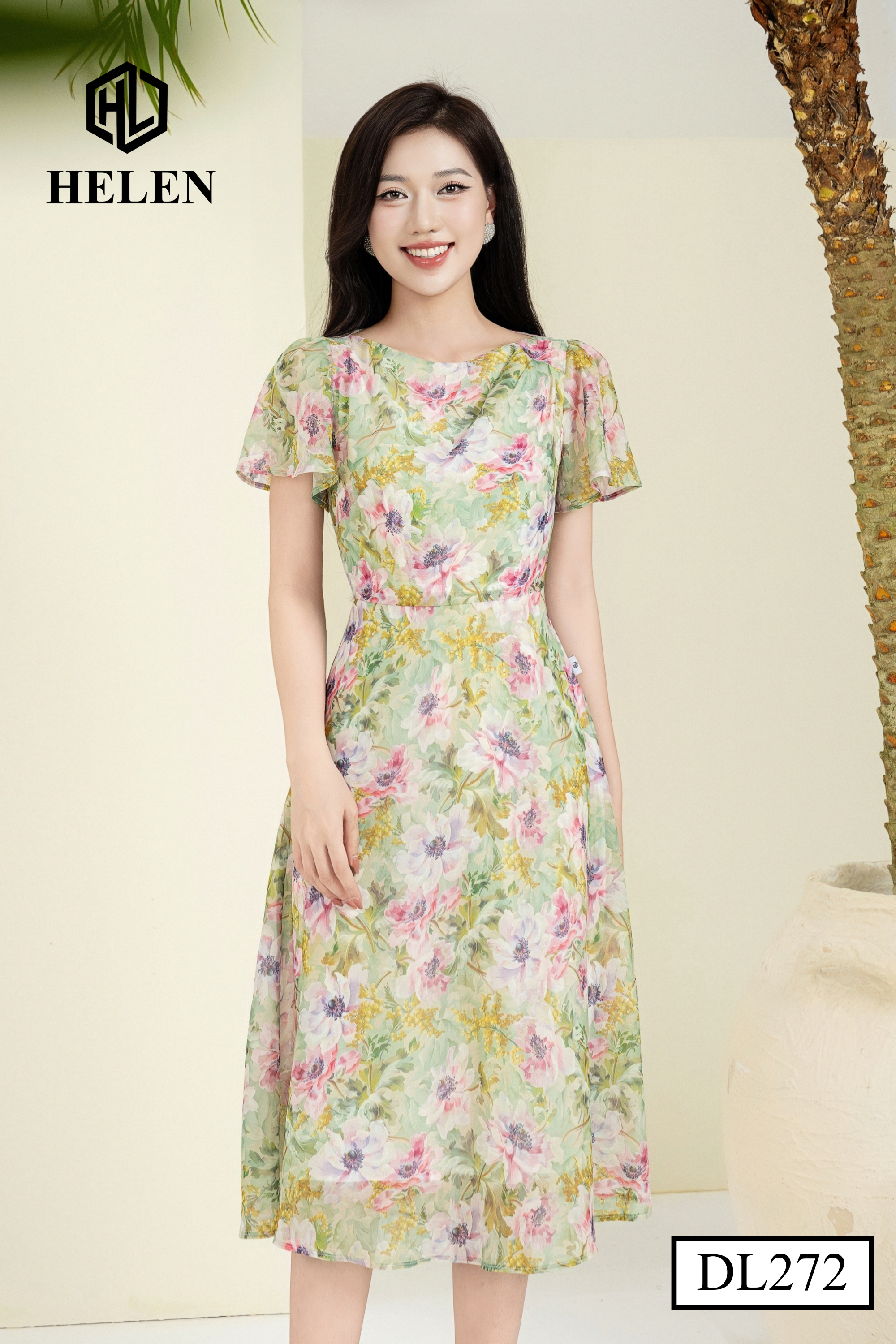 Đầm xòe hoa xanh cổ thuyển nhún vai DL272_thumbnail_4