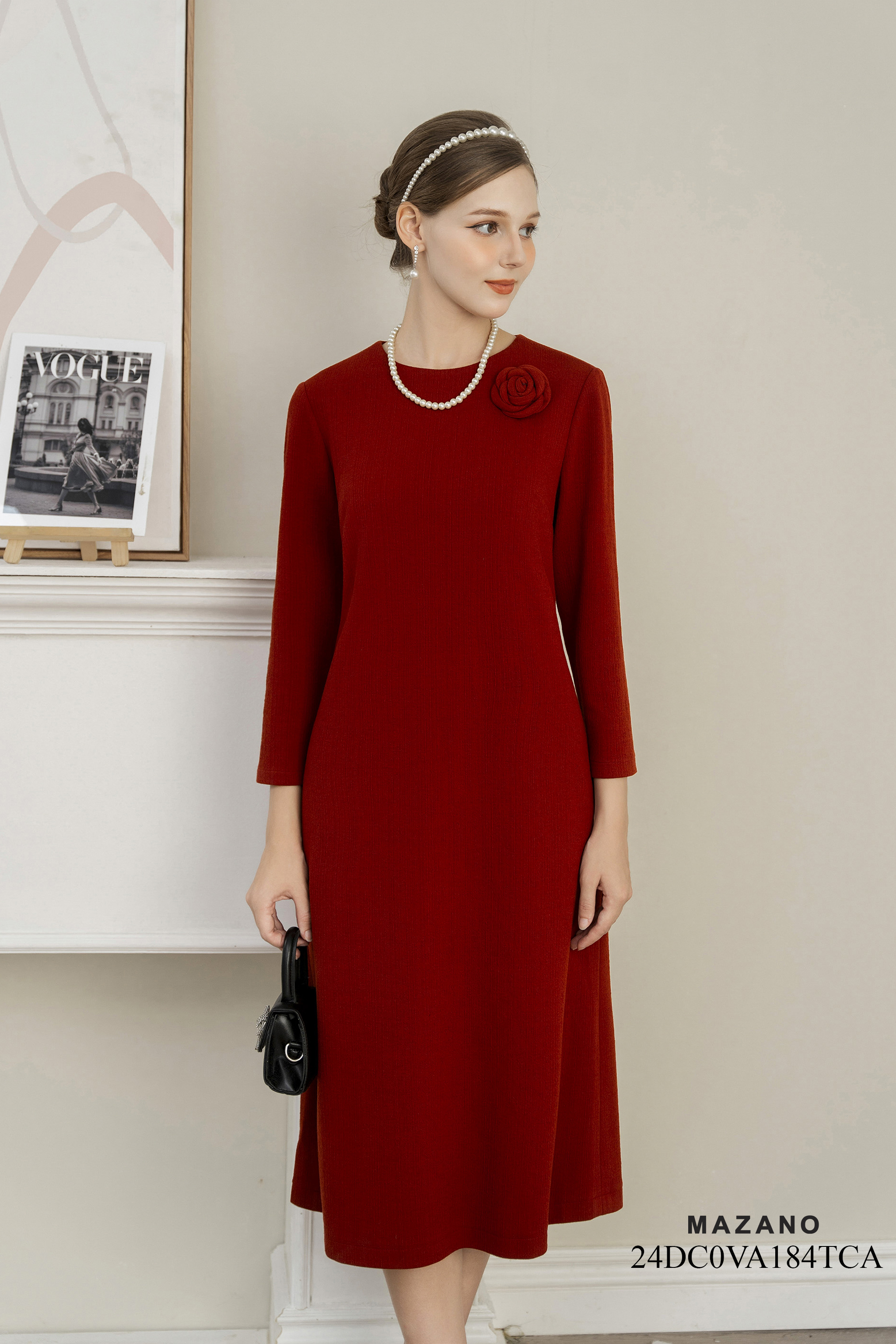 Váy Đầm Suông Vải dạ len Đính hoa thủ công Cổ tròn Tay dài Dài ngang bắp chân_thumbnail_3