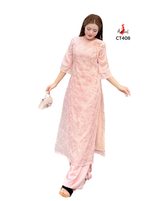CT408-Áo dài Cách tân 4 tà Von kim tuyến màu hồng phấn cổ tròn tay lỡ