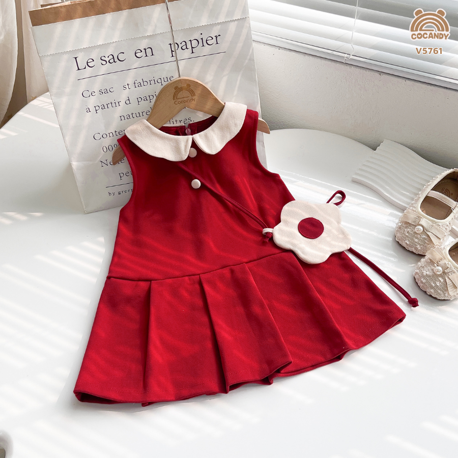 Váy dạ ĐỎ sát nách cổ sen cúc bọc + túi_thumbnail_1