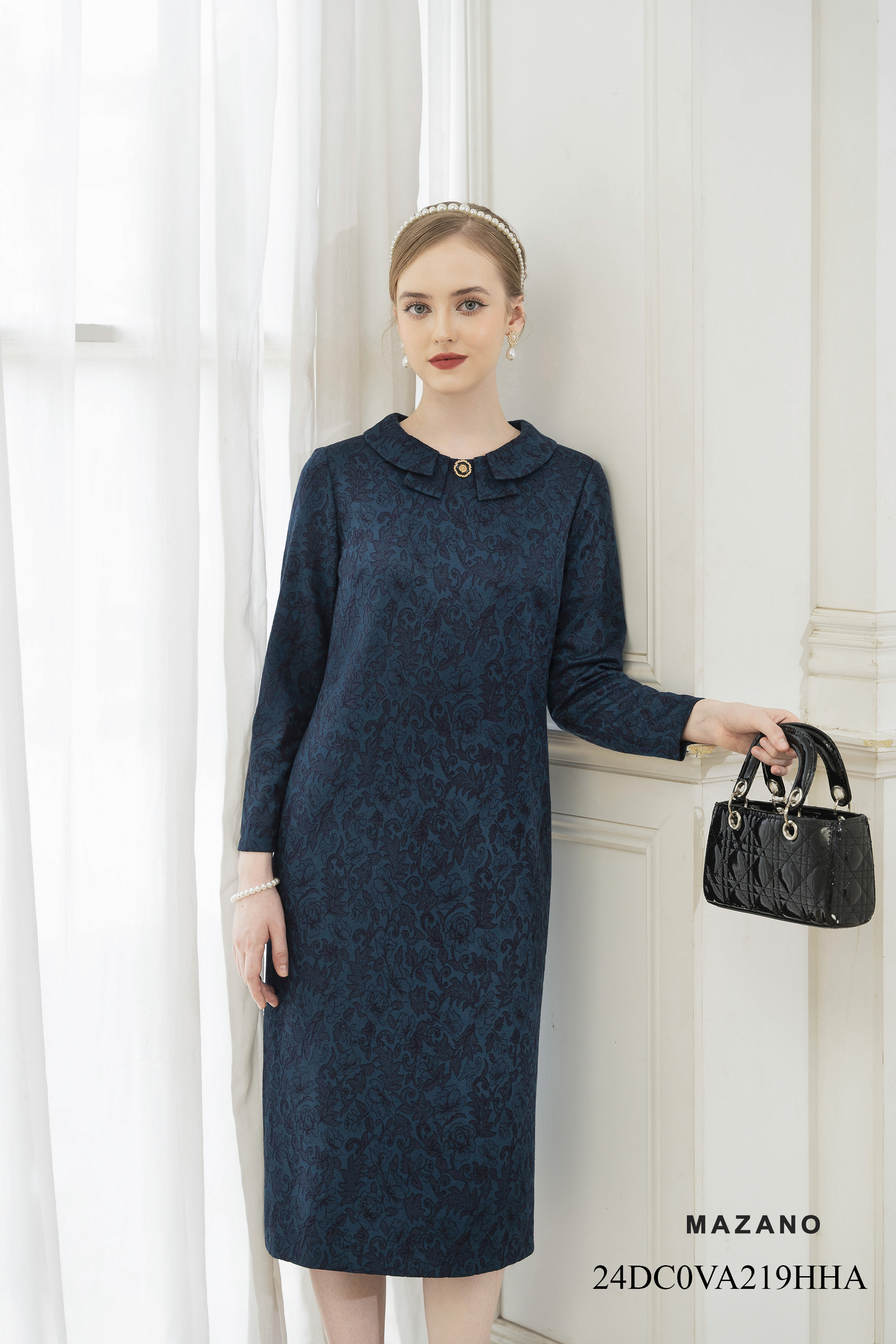 Váy Đầm Suông Vải dạ len Cổ sen cách điệu Tay dài Dài ngang bắp chân  219HHA_thumbnail_3