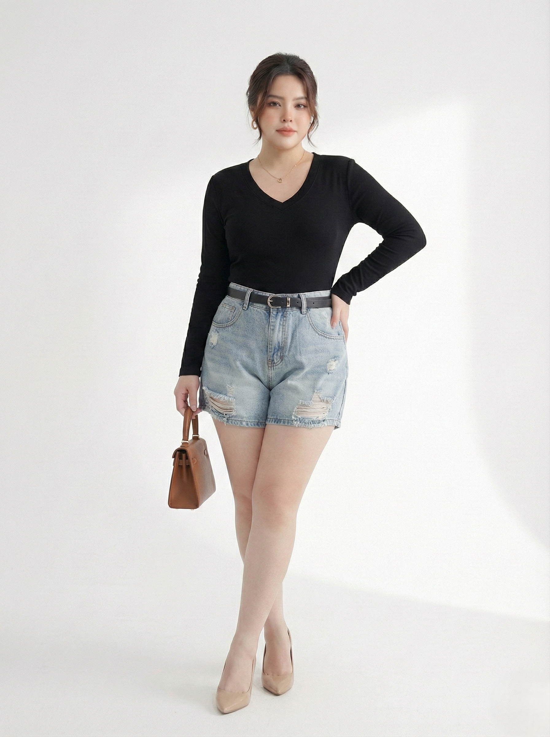 BIGSIZE - Áo thun tay dài cổ tim T- AT9065