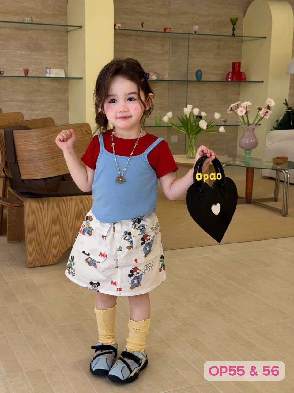 OP55 - Áo cotton cộc tay trơn đỏ kèm áo hai dây xanh hãng Opao