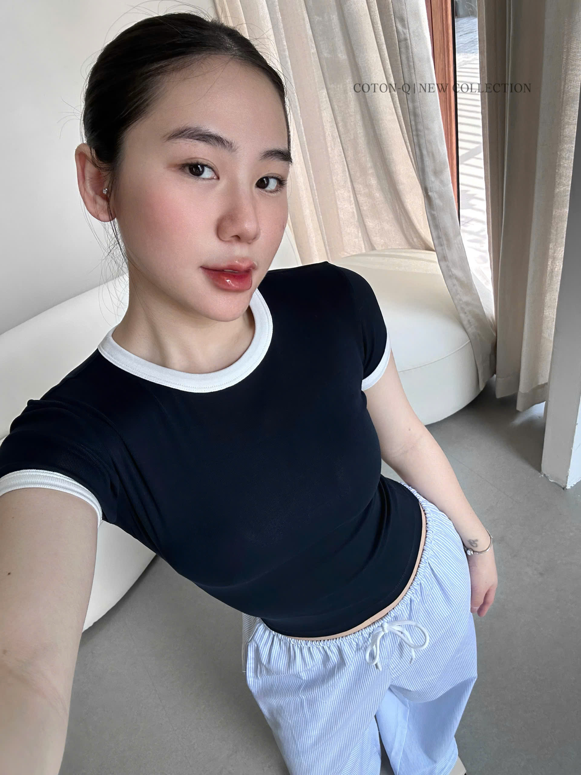 Set áo ôm viền + quần dài sọc ( XANH )_thumbnail_8