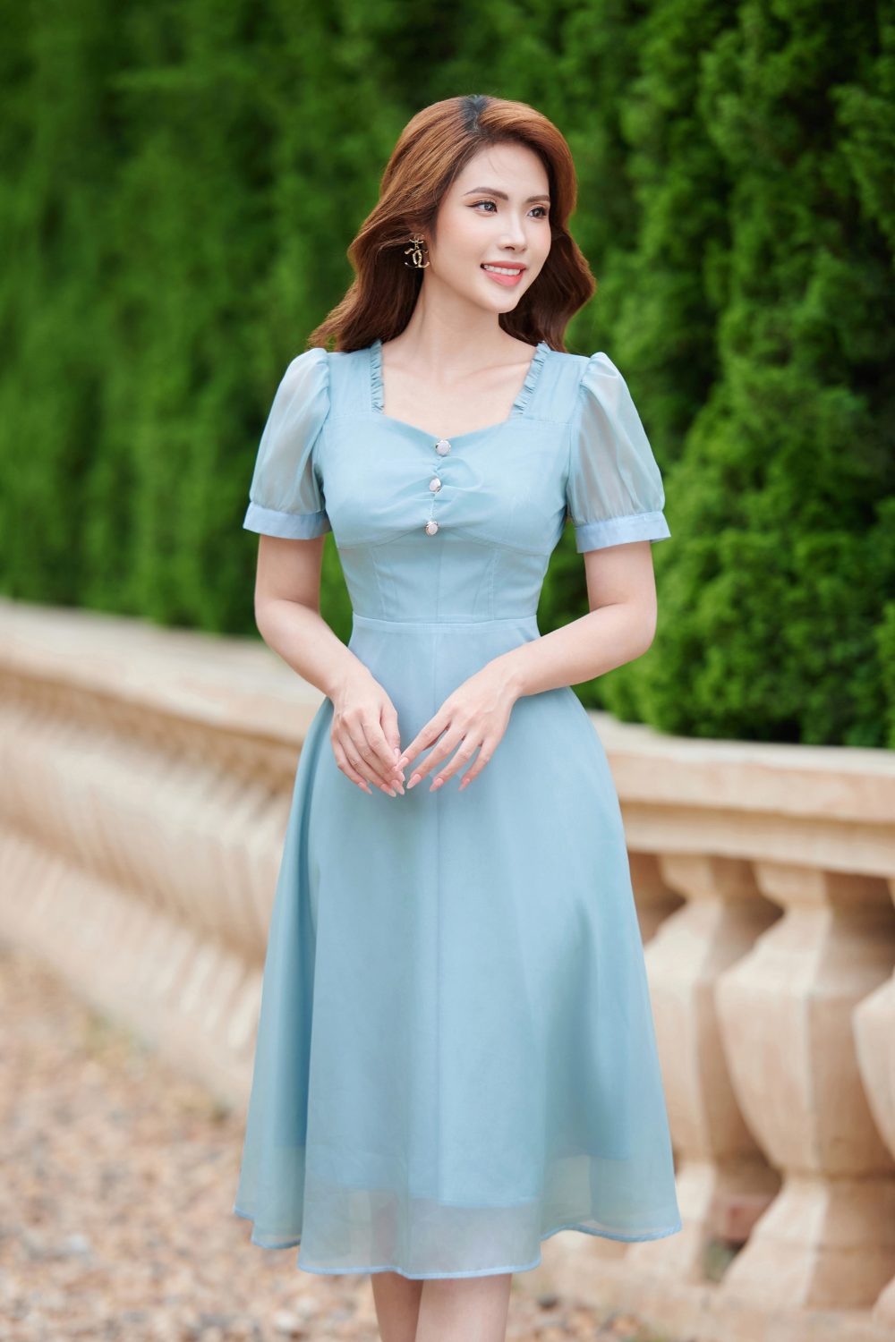 Đầm xoè xanh cổ vuông nhún_thumbnail_0