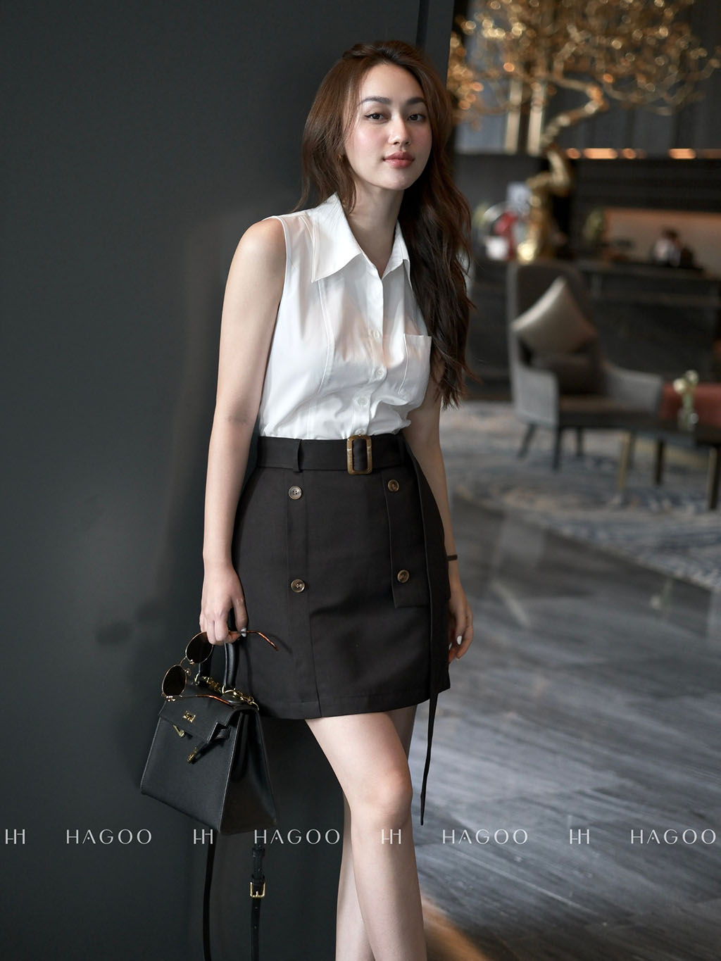 Chân váy kaki ngắn thắt đai hai hàng cúc HAGOO