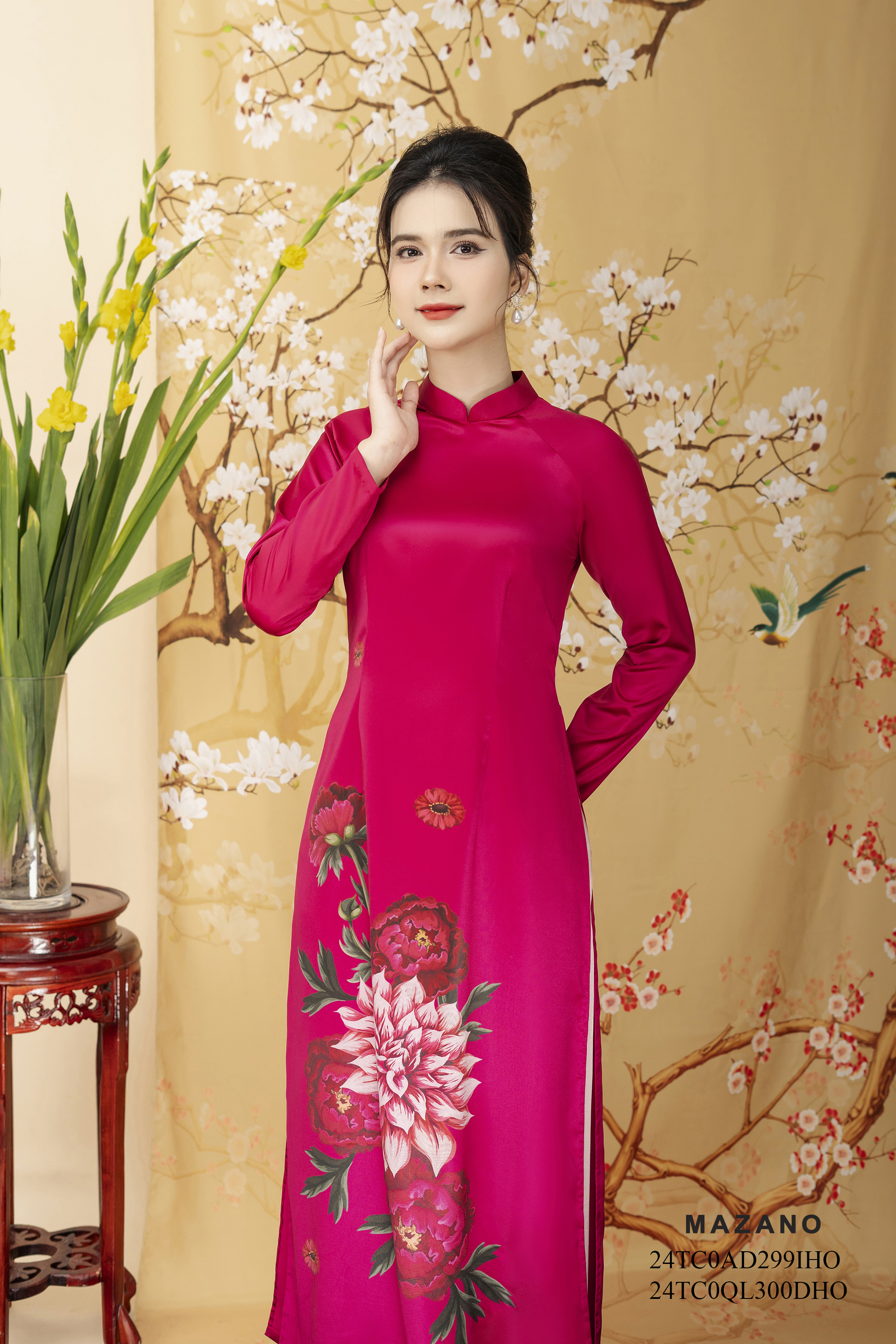 Áo Dài in hoa thược dược Vải lụa ngọc trai Cổ tàu Tay dài Dài tới mắt cá chân- mã mẫu 24TC0AD299IHO_thumbnail_3