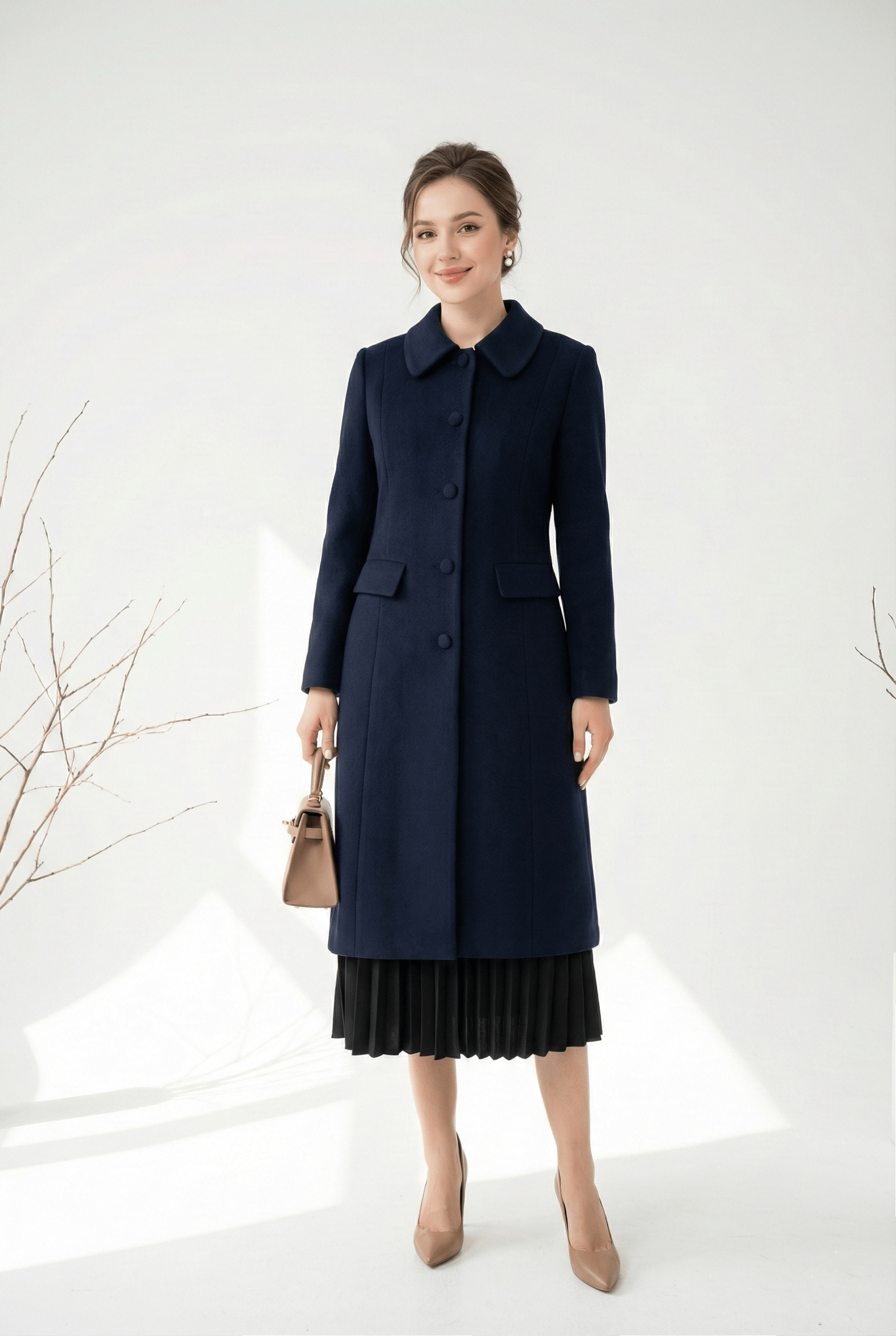 Áo măng tô Suông Vải dạ lông cừu Cổ bẻ Cài khuy Dài đến bắp chân