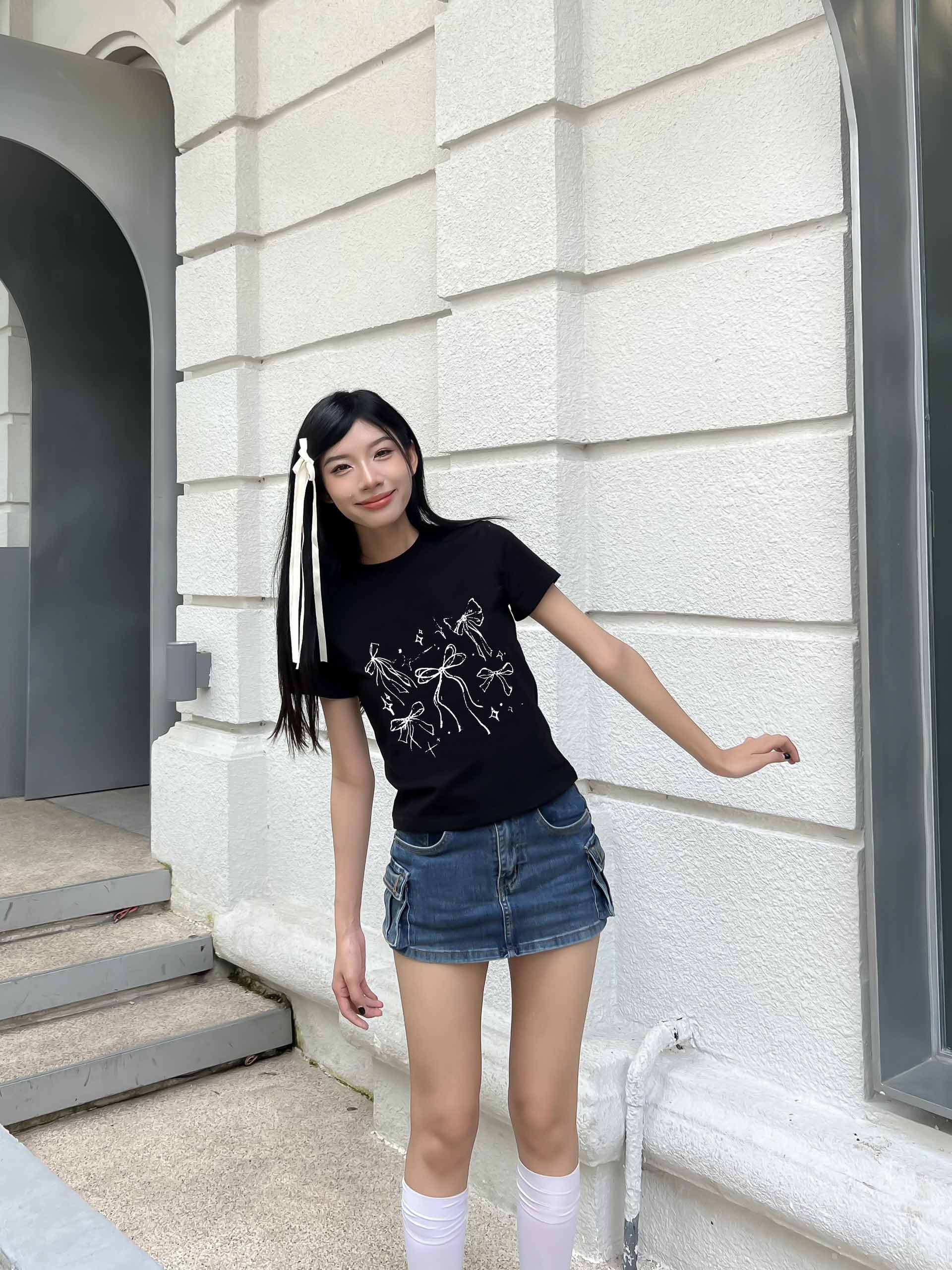 Áo thun baby tee nơ conquette xinh form ôm ABD1311 Miucho tay ngắn cổ tròn hotrend in mix_thumbnail_3