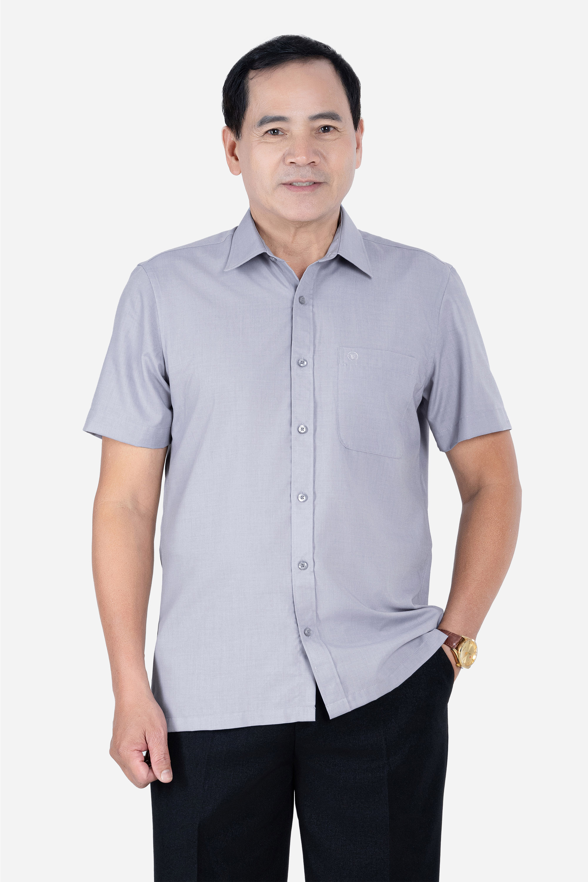 Sơ Mi Trơn Cộc Tay Nam Trung Niên Chất Liệu Cotton Nhập Khẩu Màu Ghi