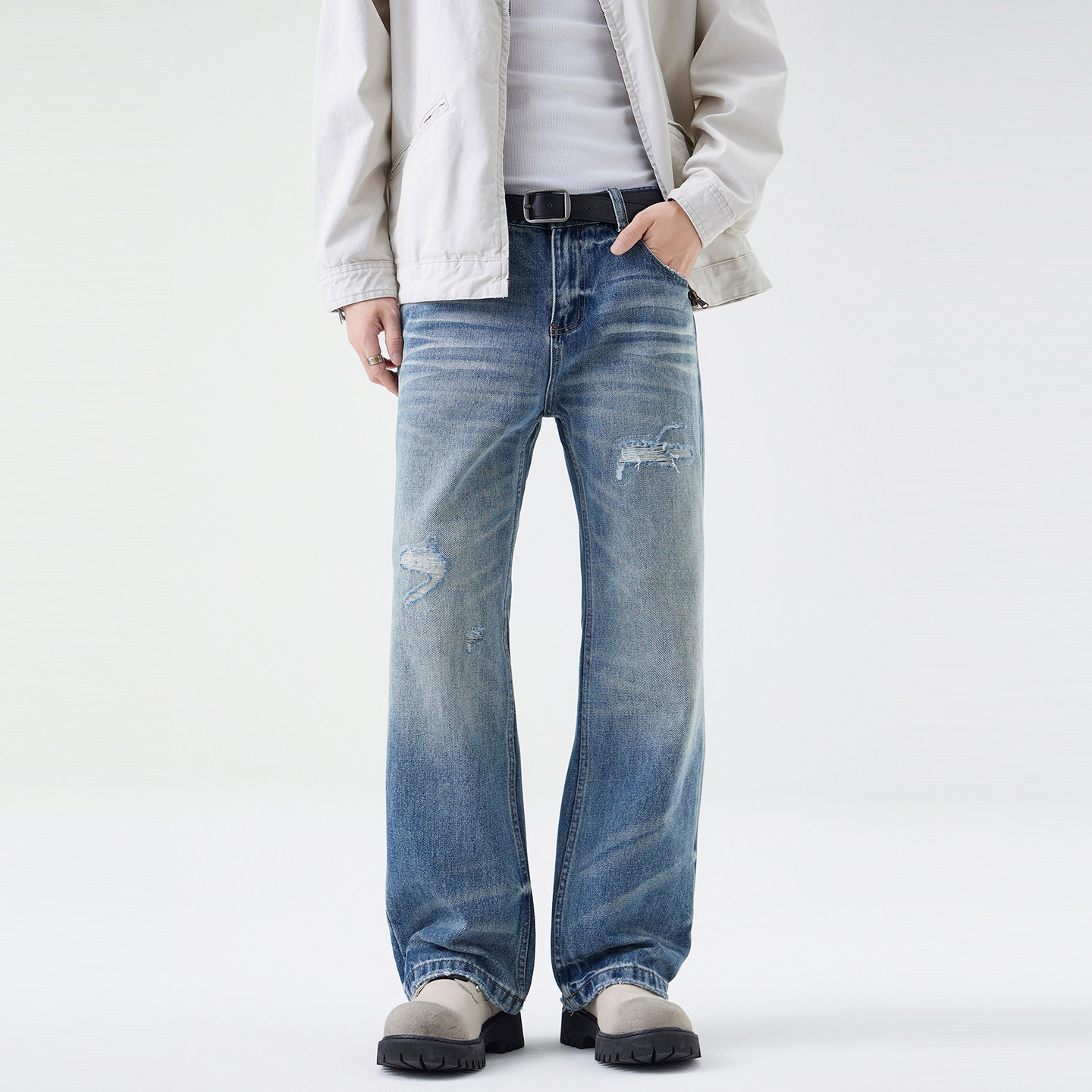 Quần jeans rách ống suông rách ống rộng cho nam mùa thu, thương hiệu thời trang Mỹ, retro, đã giặt, trầy xước, quần dài ống rộng