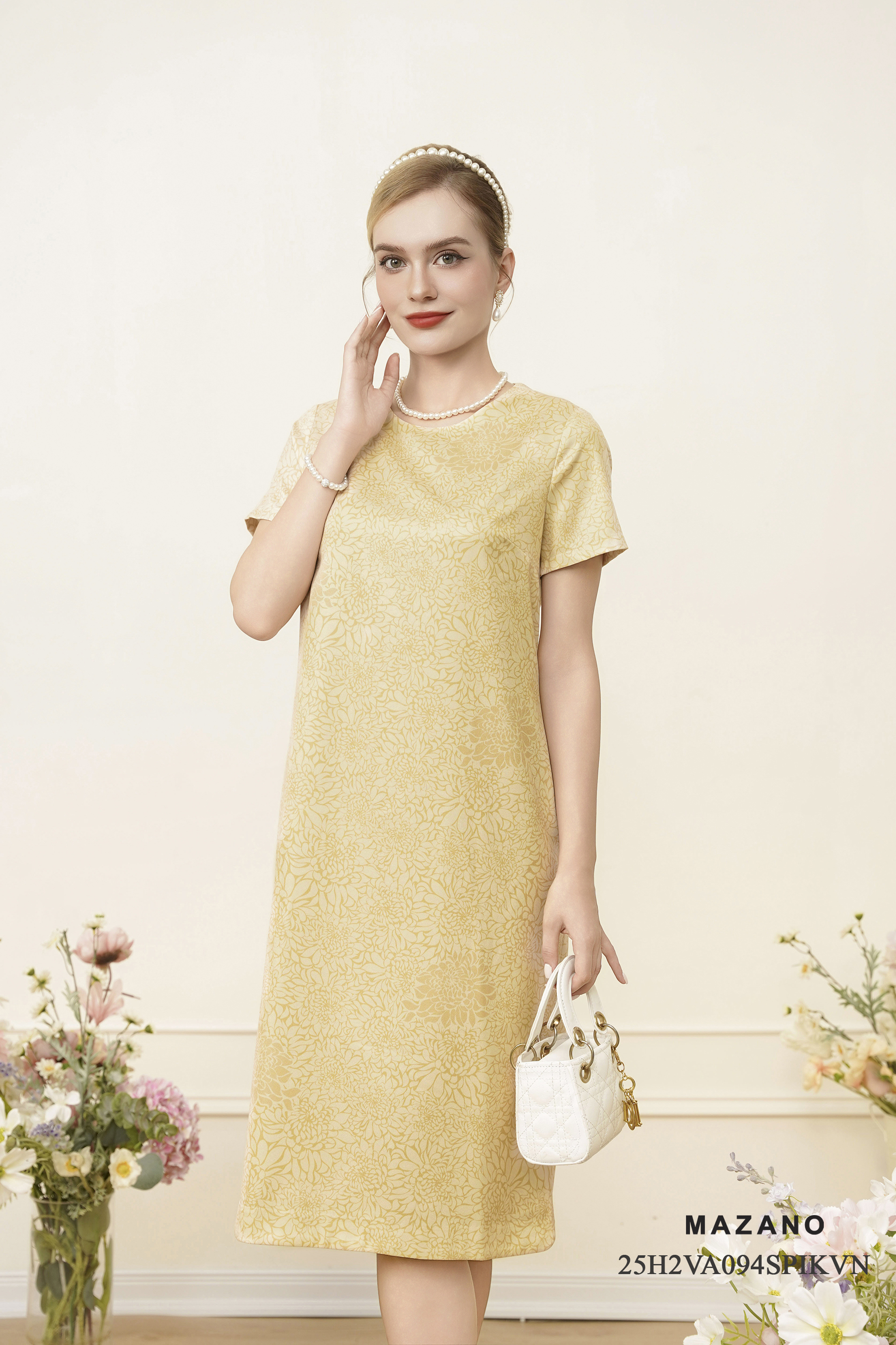 Váy Đầm Suông Vải thô sạn Hoạ tiết hoa in chìm cách điệu Cổ tròn Tay ngắn Dài trên bắp chân