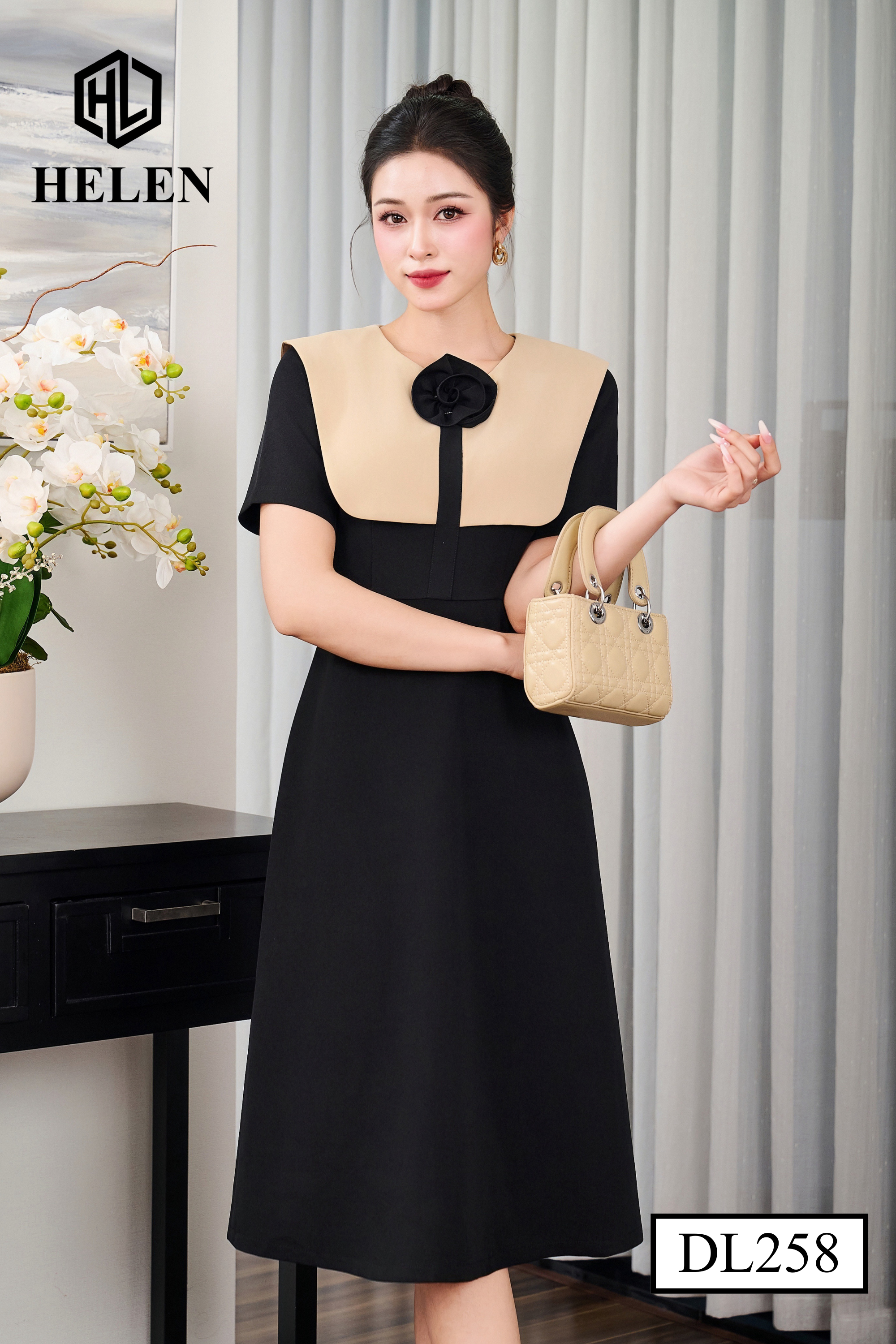 Đầm A đen phối tà be DL258