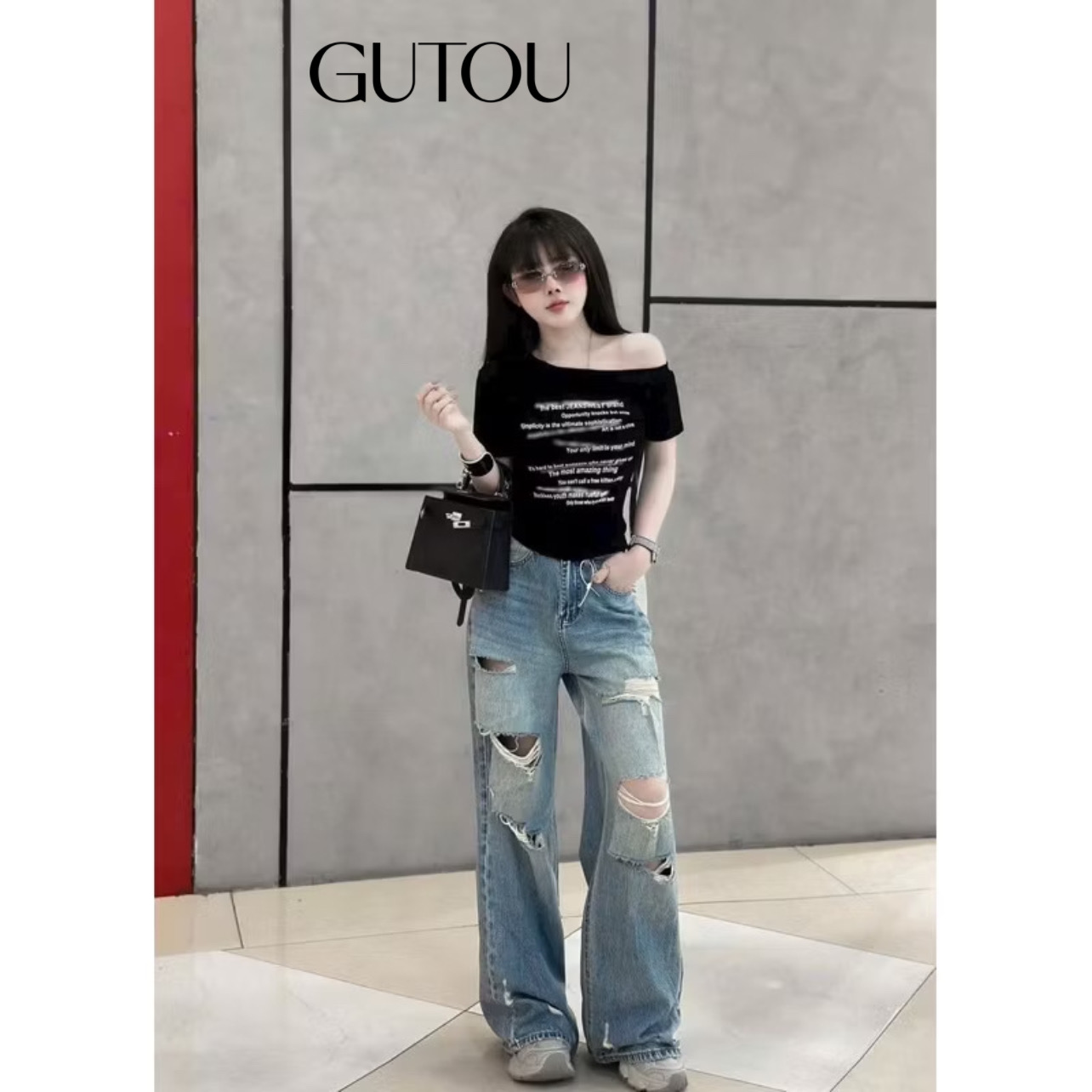 [ GUTOU ] Áo Thun Lệch Vai In Chữ Cá Tính