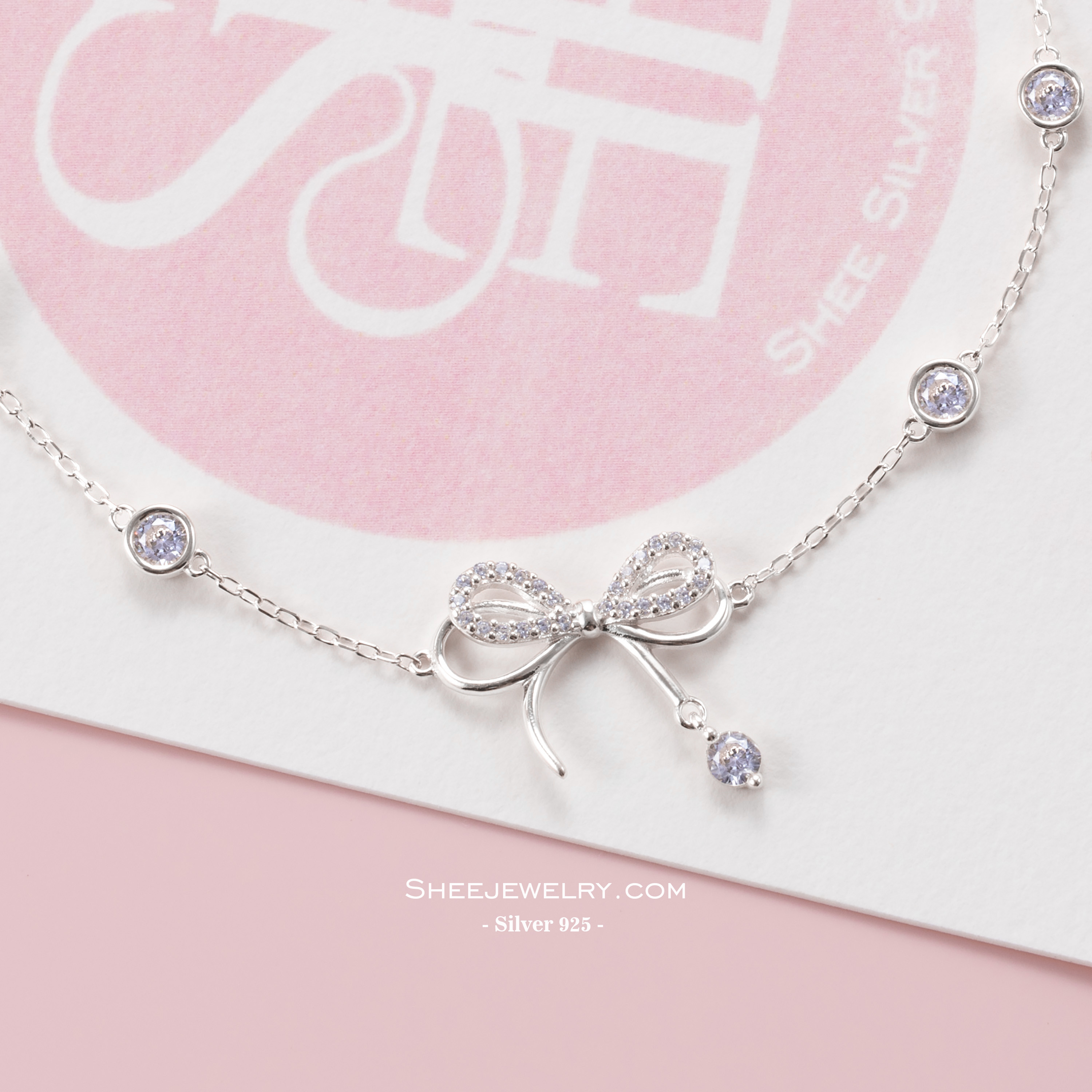 Lắc tay bạc nữ Shee Silver 925 nơ thắt đính đá mix ổ đá tròn – phụ kiện sang trọng, dễ phối đồ, quà tặng ý nghĩa LT006