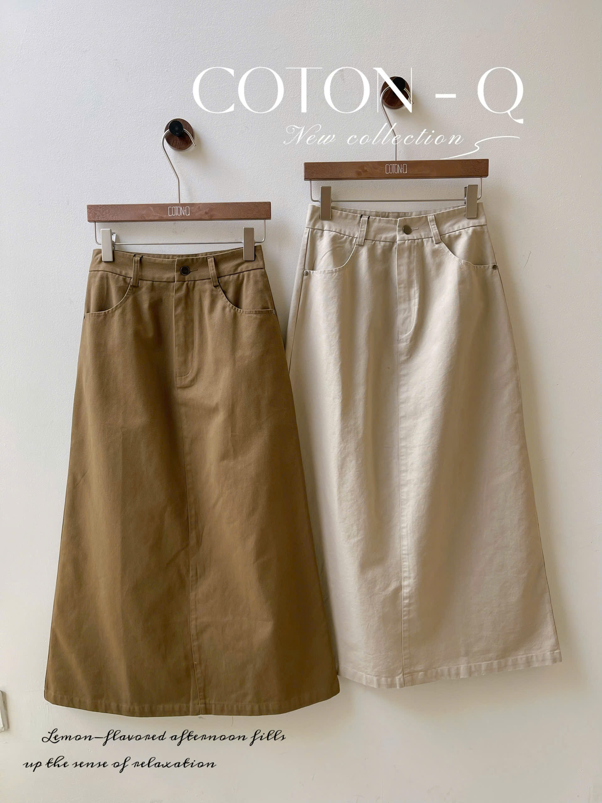 TS12 Chân váy dài Coton Q kaki xẻ sau ( BE )