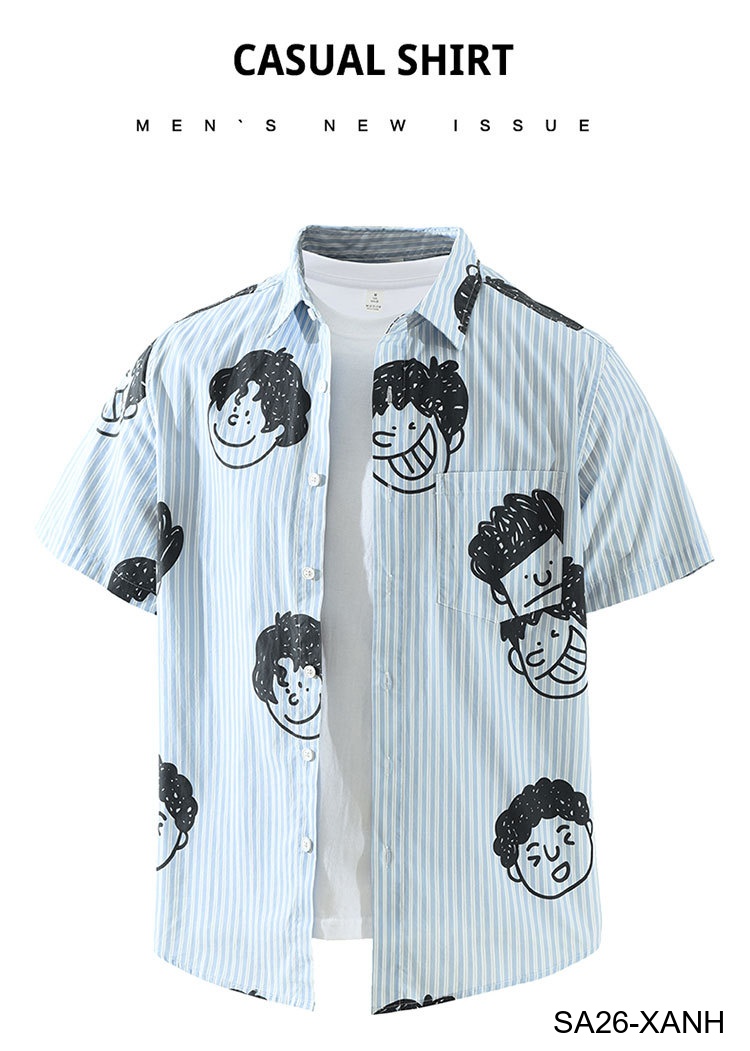 SA26 - Áo sơ mi nam tay ngắn họa tiết mặt cười phong cách Nhật Bản, chất cotton mềm mại, form rộng thoải mái_thumbnail_8