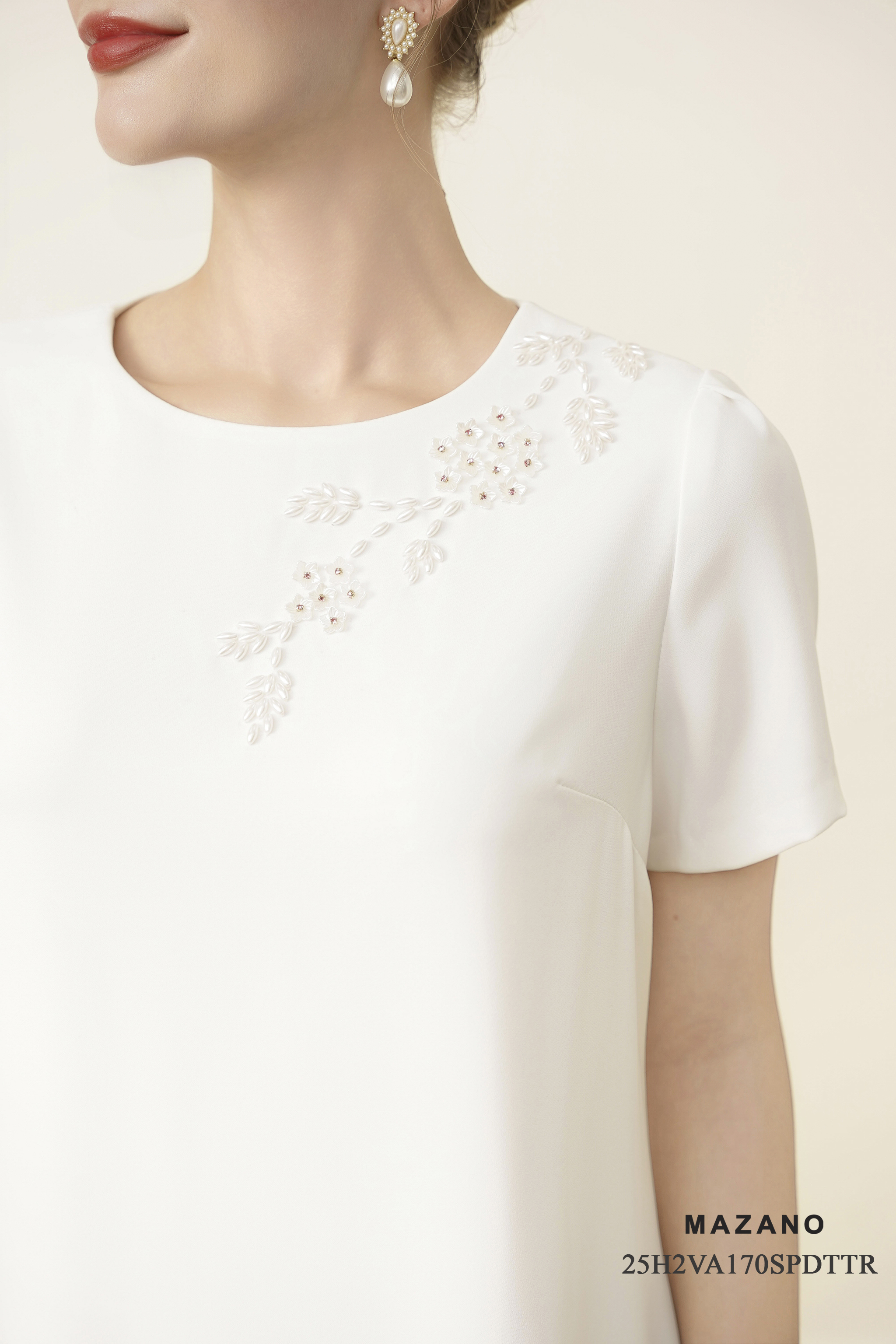 Váy Đầm suông Vải thô mỏng Đính trang trí thủ công Cổ tròn Tay ngắn Dài ngang bắp chân_thumbnail_3