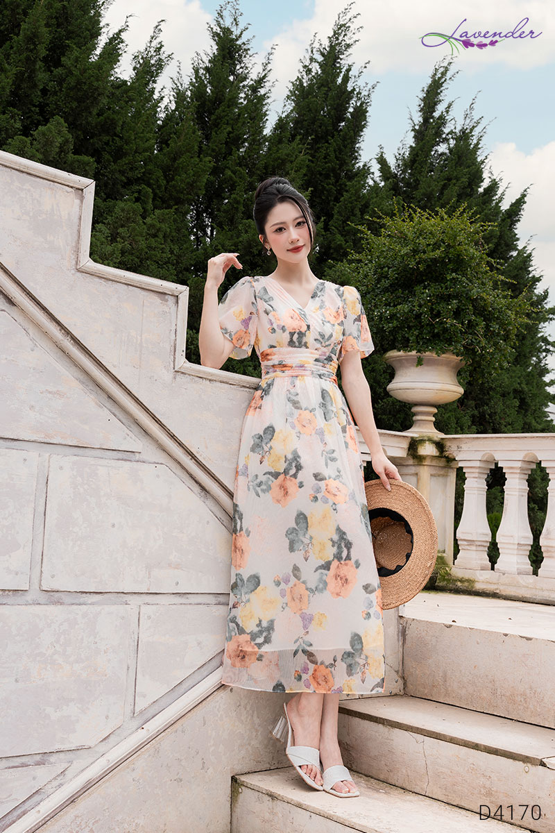 Đầm tơ hoa cam cổ V tay ngắn D4170_thumbnail_5