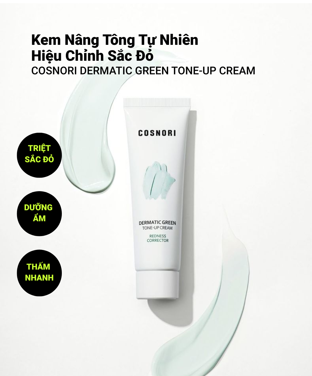 COSNORI DERMATIC GREEN TONE-UP CREAM - Kem Nâng Tông Da Tự Nhiên Hiệu Chỉnh Sắc Đỏ Cosnori - Niacinamide, Rau Má, HA - 50ml - [C028]