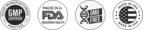 Certification Badges – GMP certified, made in an FDA-registered facility, Non-GMO, made in USA