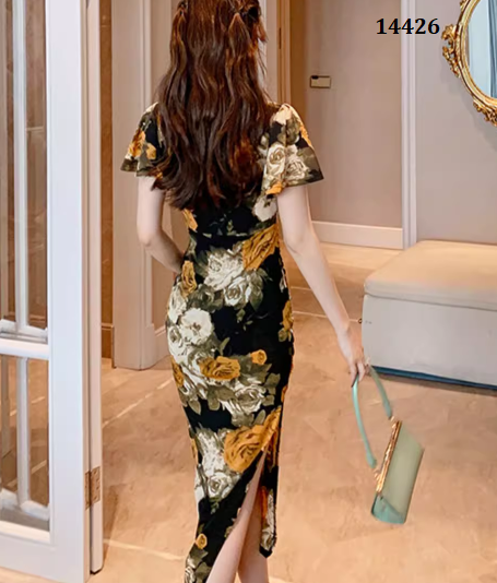14426-Đầm body cổ đắp chéo  in hoa xẻ tà ( thun in)_thumbnail_2