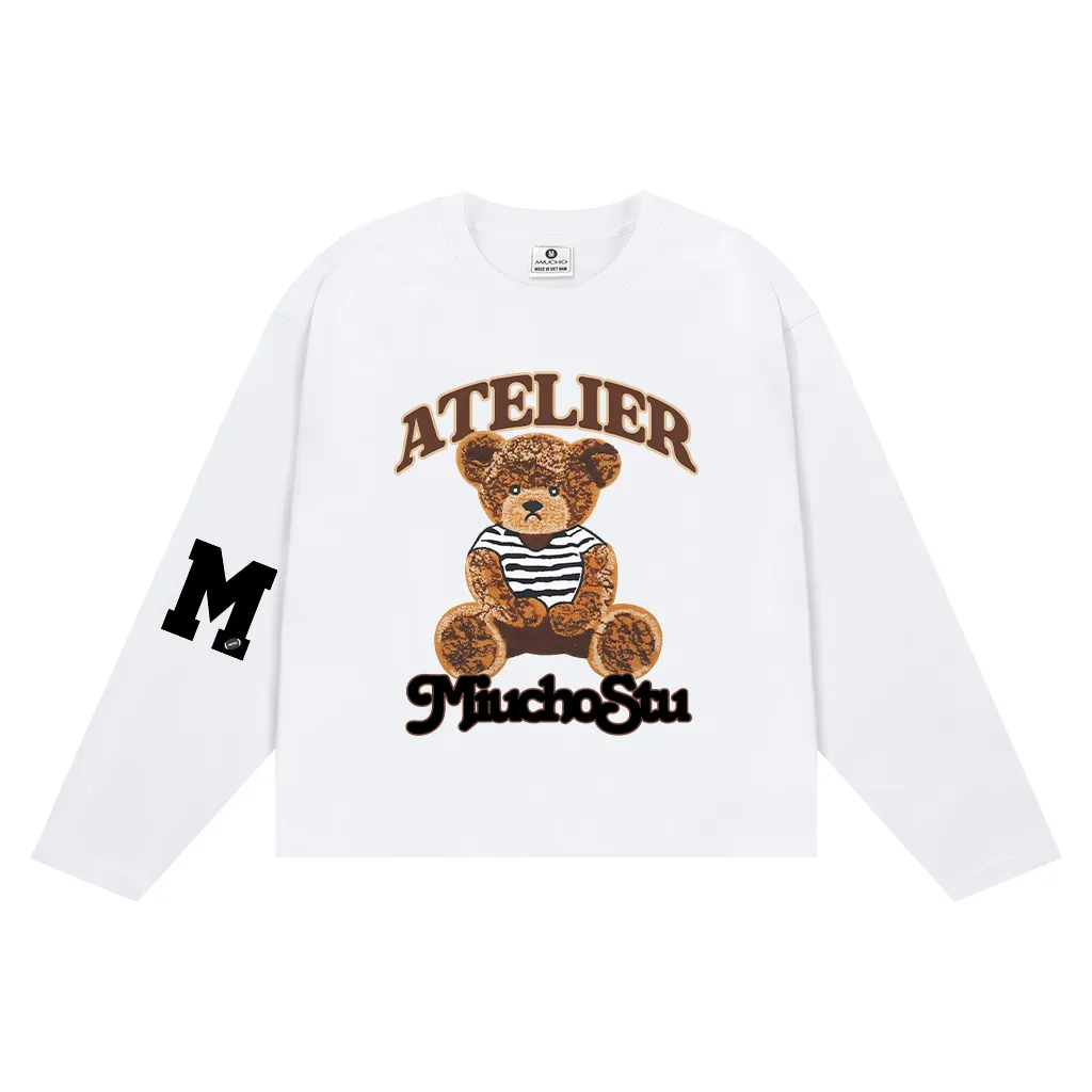 Áo thun tay dài boxy Miucho cotton thoáng mát co giãn 2C hình gấu teddy Atelier 2651