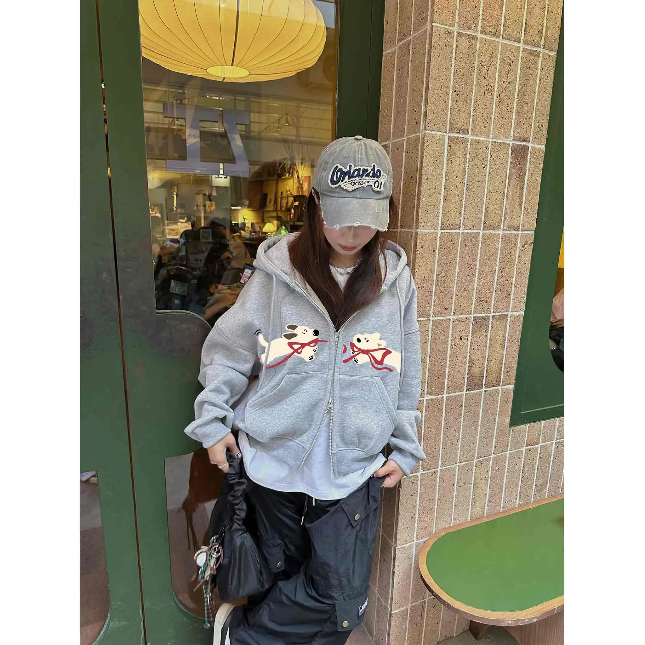 Áo khoác hoodie zip boxy nỉ 2 da 2653 Miucho thoáng mát dày dặn hình cún đáng yêu_thumbnail_5